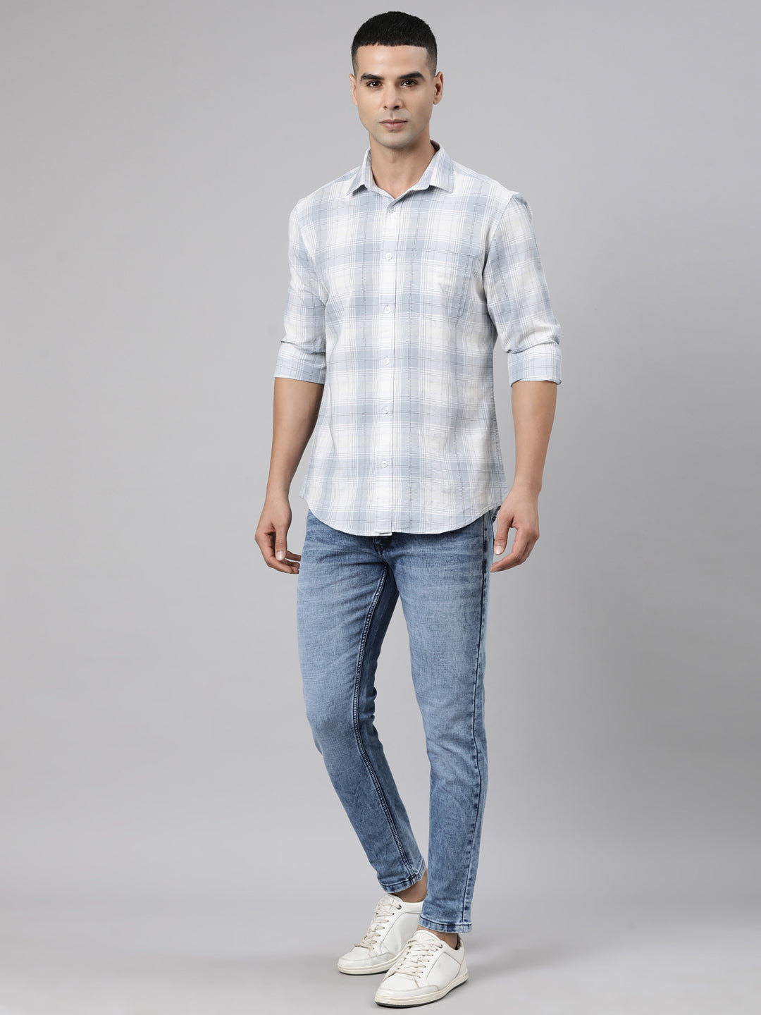 Classic Polo Men's Full Sleeve Grey Polo Neck Slim Fit Checked Cotton Casual Shirt | LSHR1-EL-03 B-FS-CHK-SF