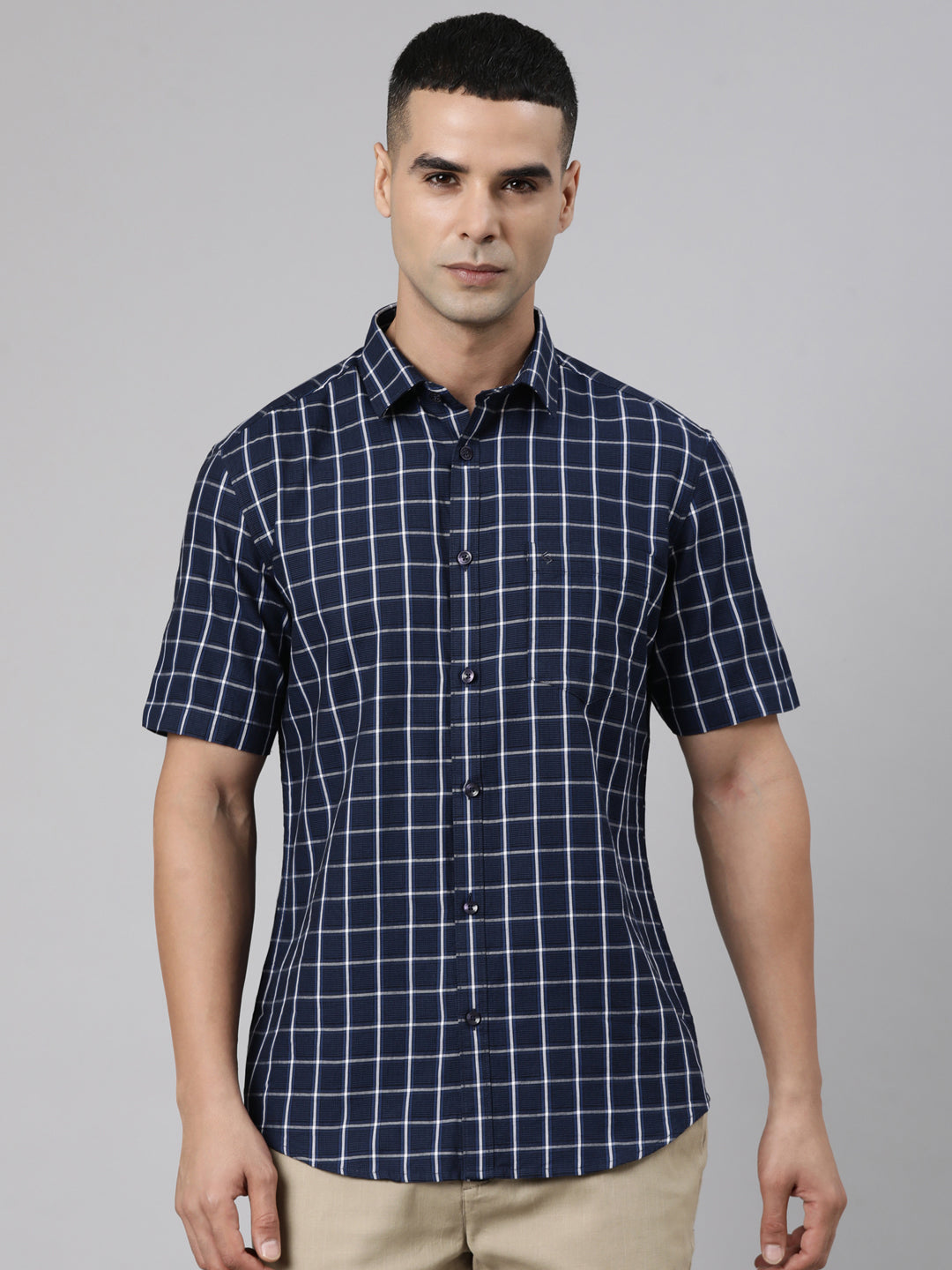 Classic Polo Men's Half Sleeve Navy Blue Polo Neck Slim Fit Checked Cotton Casual Shirt | LSHR1-EL-04 A-HS-CHK-SF