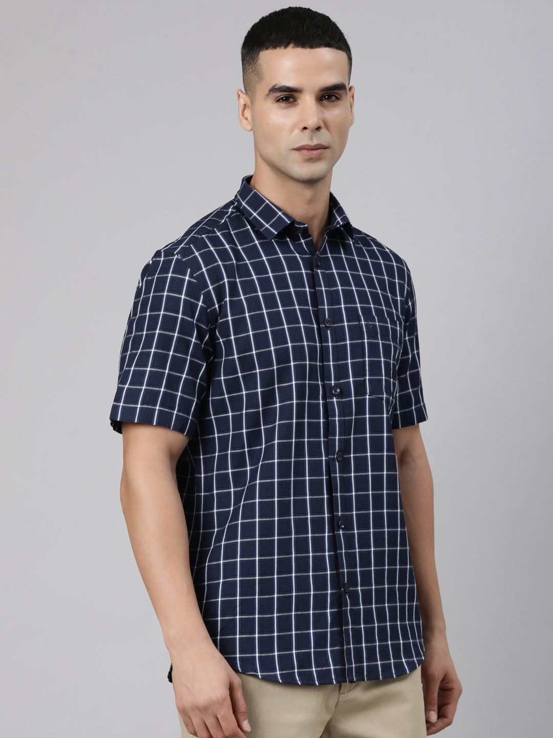 Classic Polo Men's Half Sleeve Navy Blue Polo Neck Slim Fit Checked Cotton Casual Shirt | LSHR1-EL-04 A-HS-CHK-SF