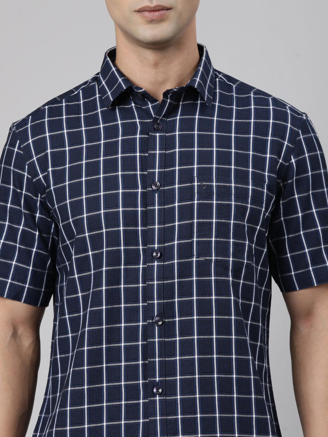 Classic Polo Men's Half Sleeve Navy Blue Polo Neck Slim Fit Checked Cotton Casual Shirt | LSHR1-EL-04 A-HS-CHK-SF