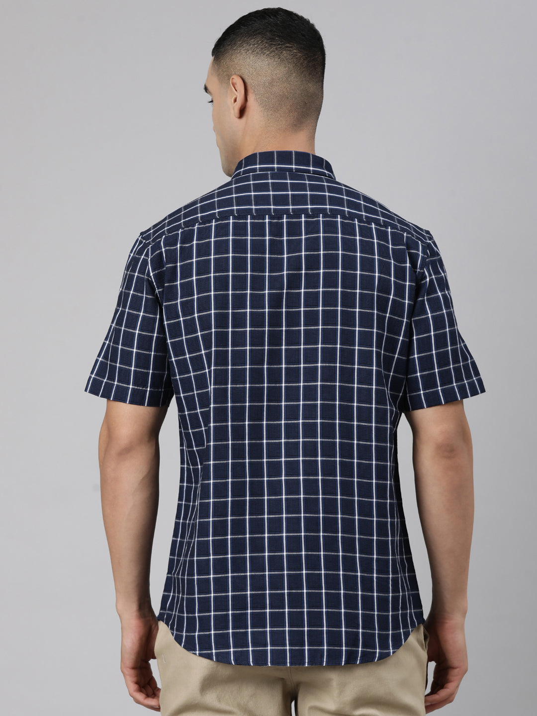 Classic Polo Men's Half Sleeve Navy Blue Polo Neck Slim Fit Checked Cotton Casual Shirt | LSHR1-EL-04 A-HS-CHK-SF