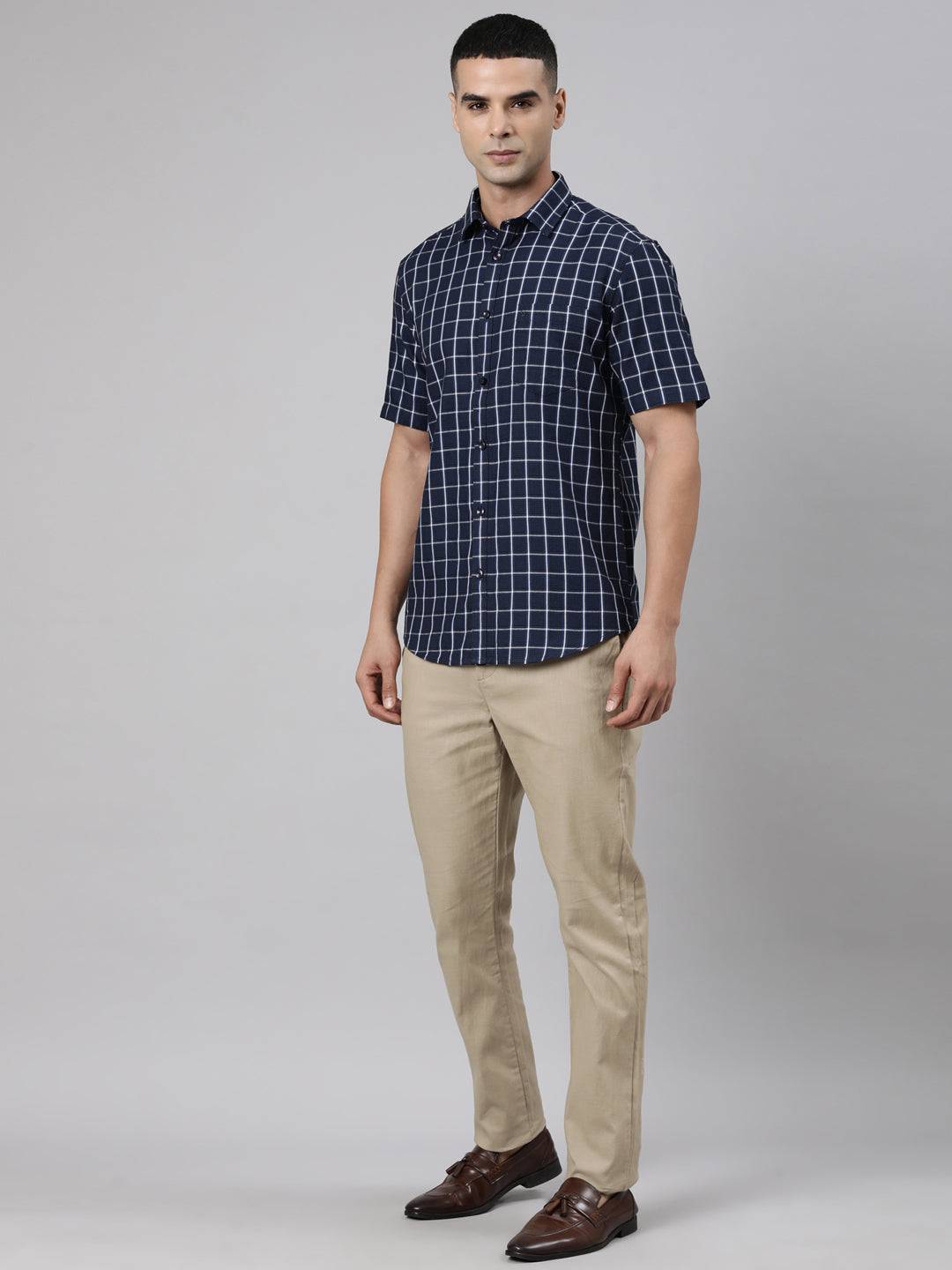 Classic Polo Men's Half Sleeve Navy Blue Polo Neck Slim Fit Checked Cotton Casual Shirt | LSHR1-EL-04 A-HS-CHK-SF