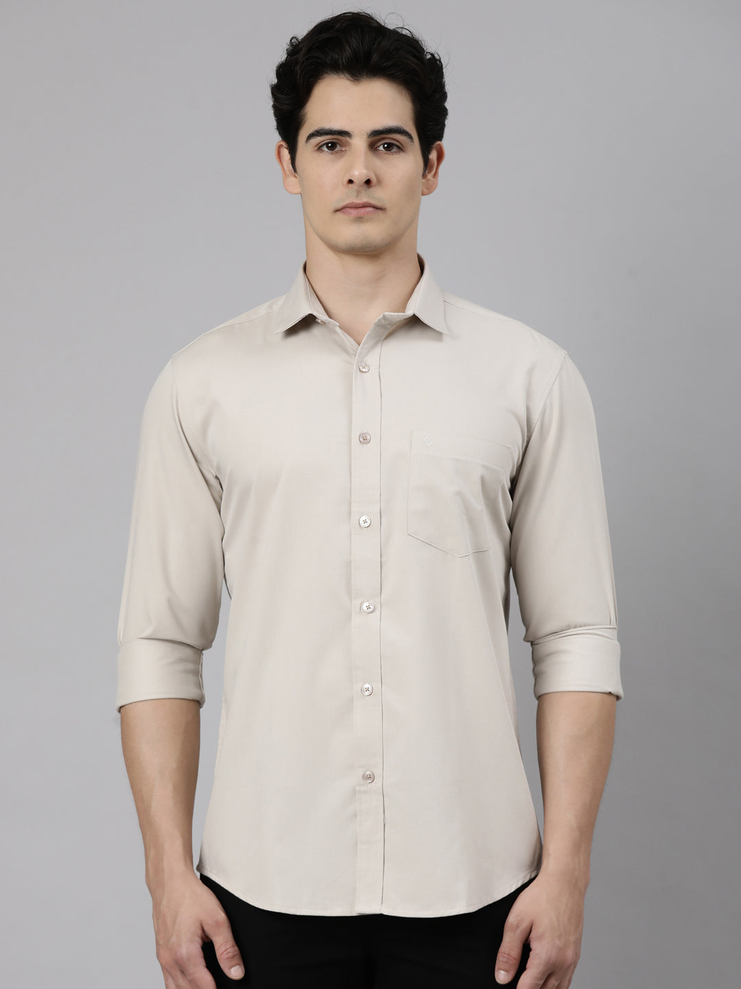 Classic Polo Men's Full Sleeve Light Beige Polo Neck Slim Fit Solid Cotton Casual Shirt | LSHR1-EL-15 A-FS-SLD-SF