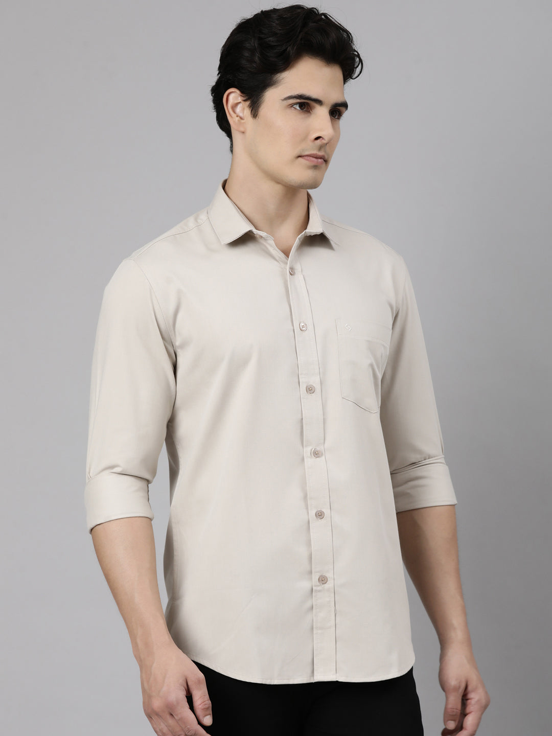 Classic Polo Men's Full Sleeve Light Beige Polo Neck Slim Fit Solid Cotton Casual Shirt | LSHR1-EL-15 A-FS-SLD-SF