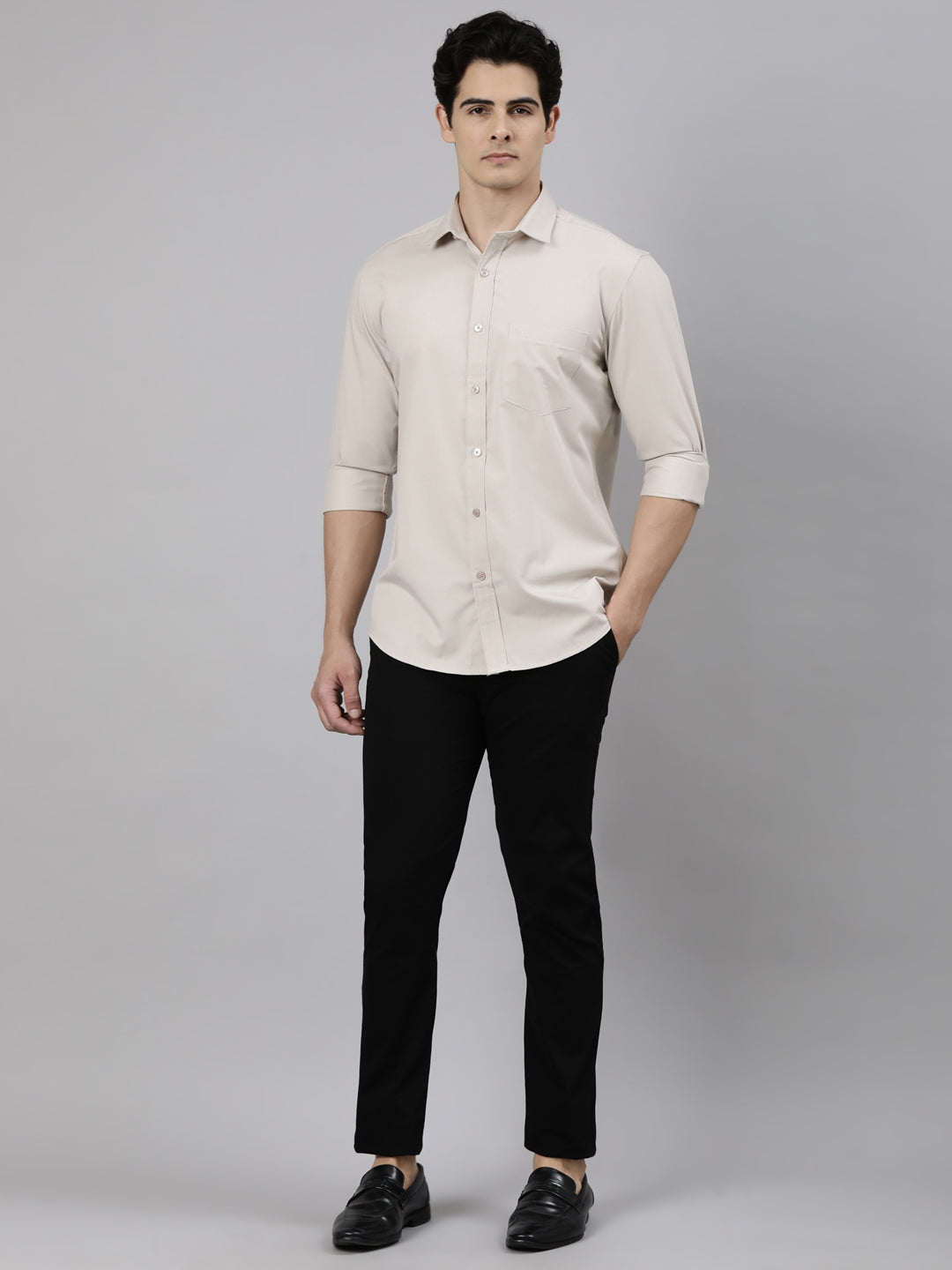 Classic Polo Men's Full Sleeve Light Beige Polo Neck Slim Fit Solid Cotton Casual Shirt | LSHR1-EL-15 A-FS-SLD-SF