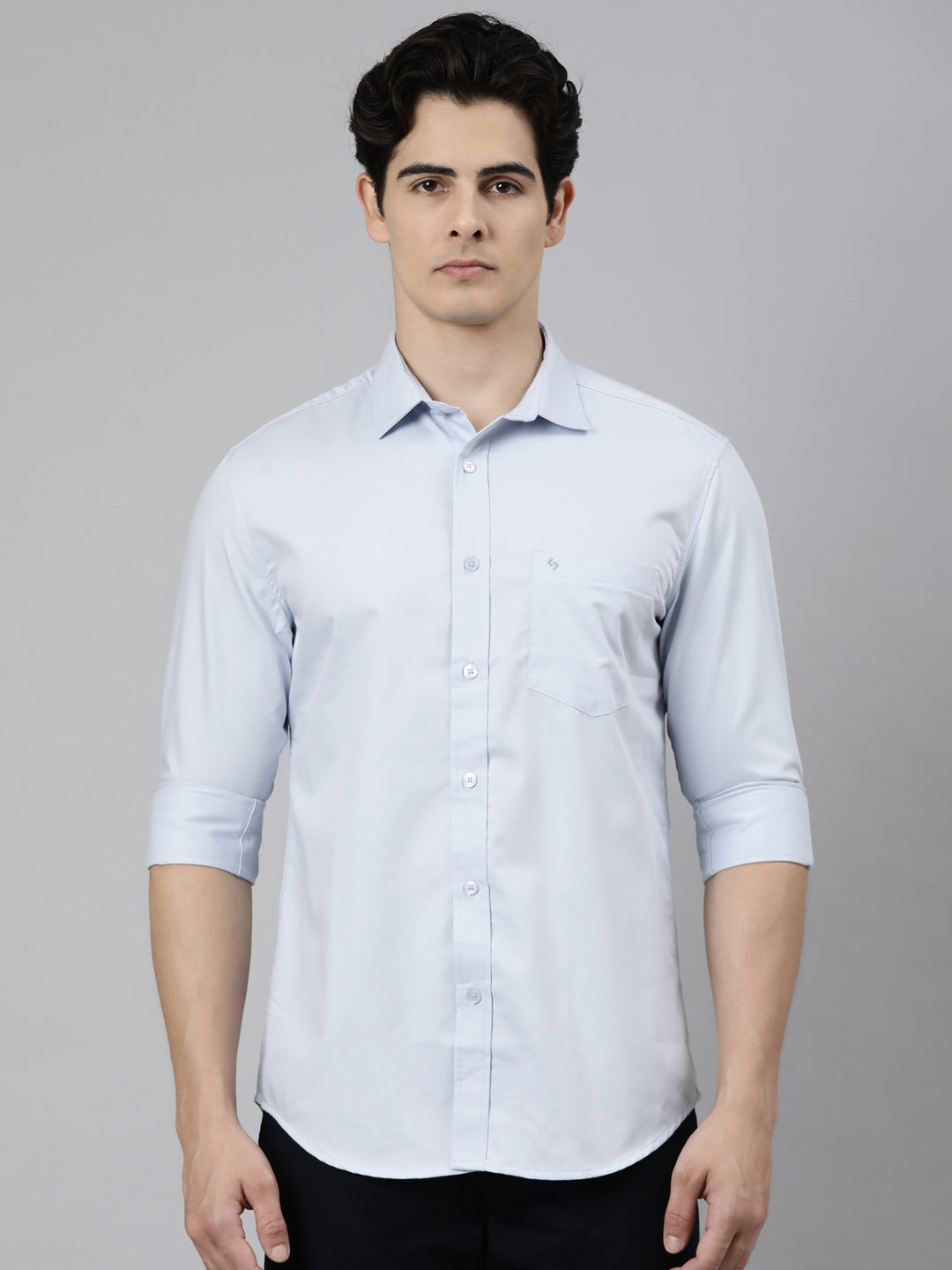 Classic Polo Men's Full Sleeve Light Blue Polo Neck Slim Fit Solid Cotton Casual Shirt | LSHR1-EL-15 B-FS-SLD-SF