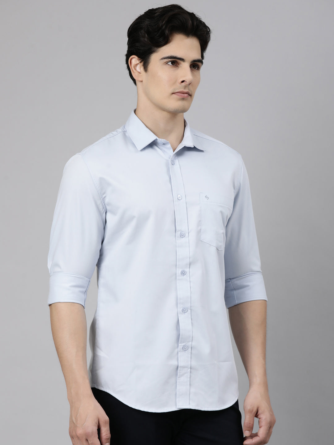 Classic Polo Men's Full Sleeve Light Blue Polo Neck Slim Fit Solid Cotton Casual Shirt | LSHR1-EL-15 B-FS-SLD-SF