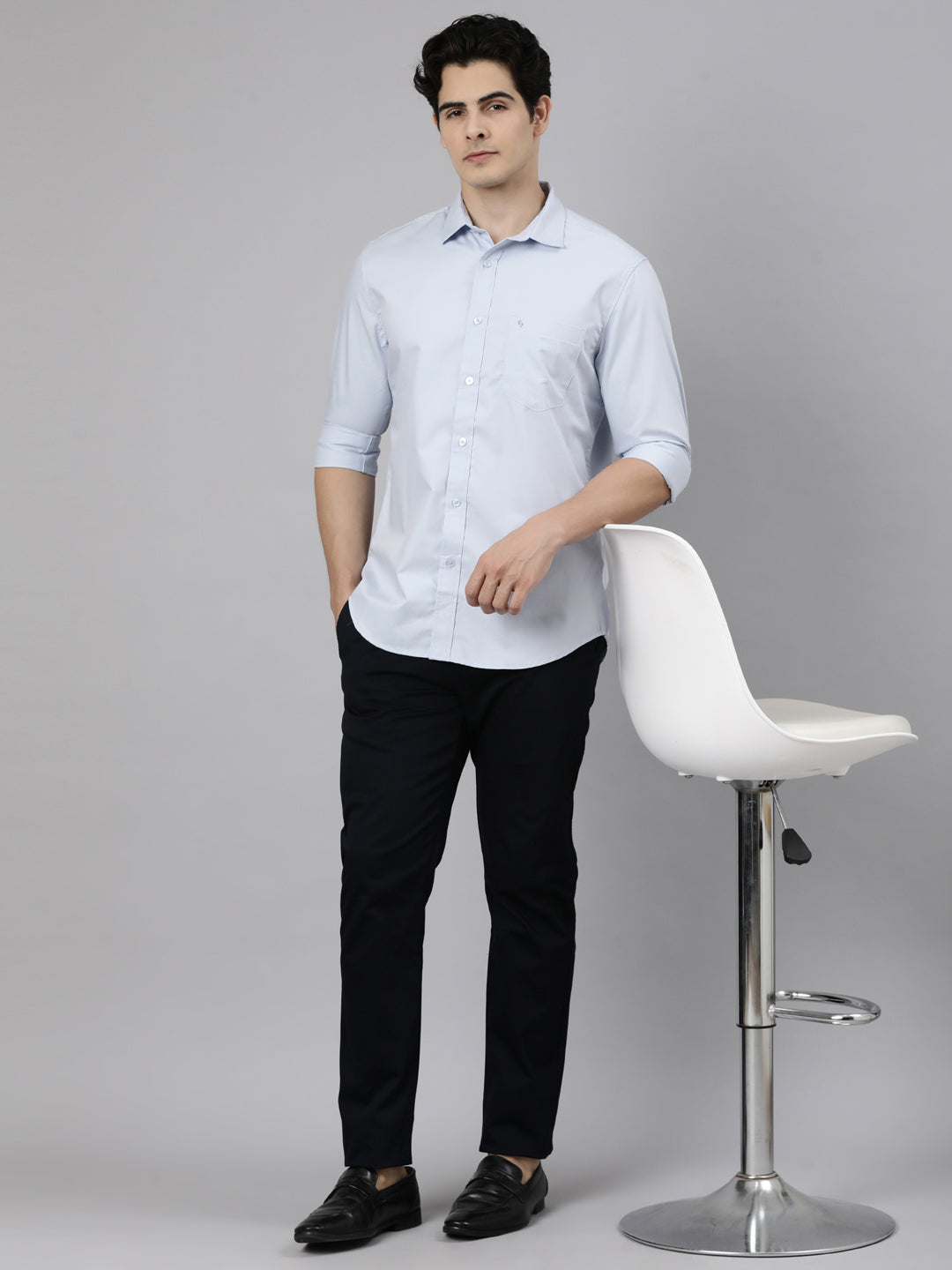 Classic Polo Men's Full Sleeve Light Blue Polo Neck Slim Fit Solid Cotton Casual Shirt | LSHR1-EL-15 B-FS-SLD-SF