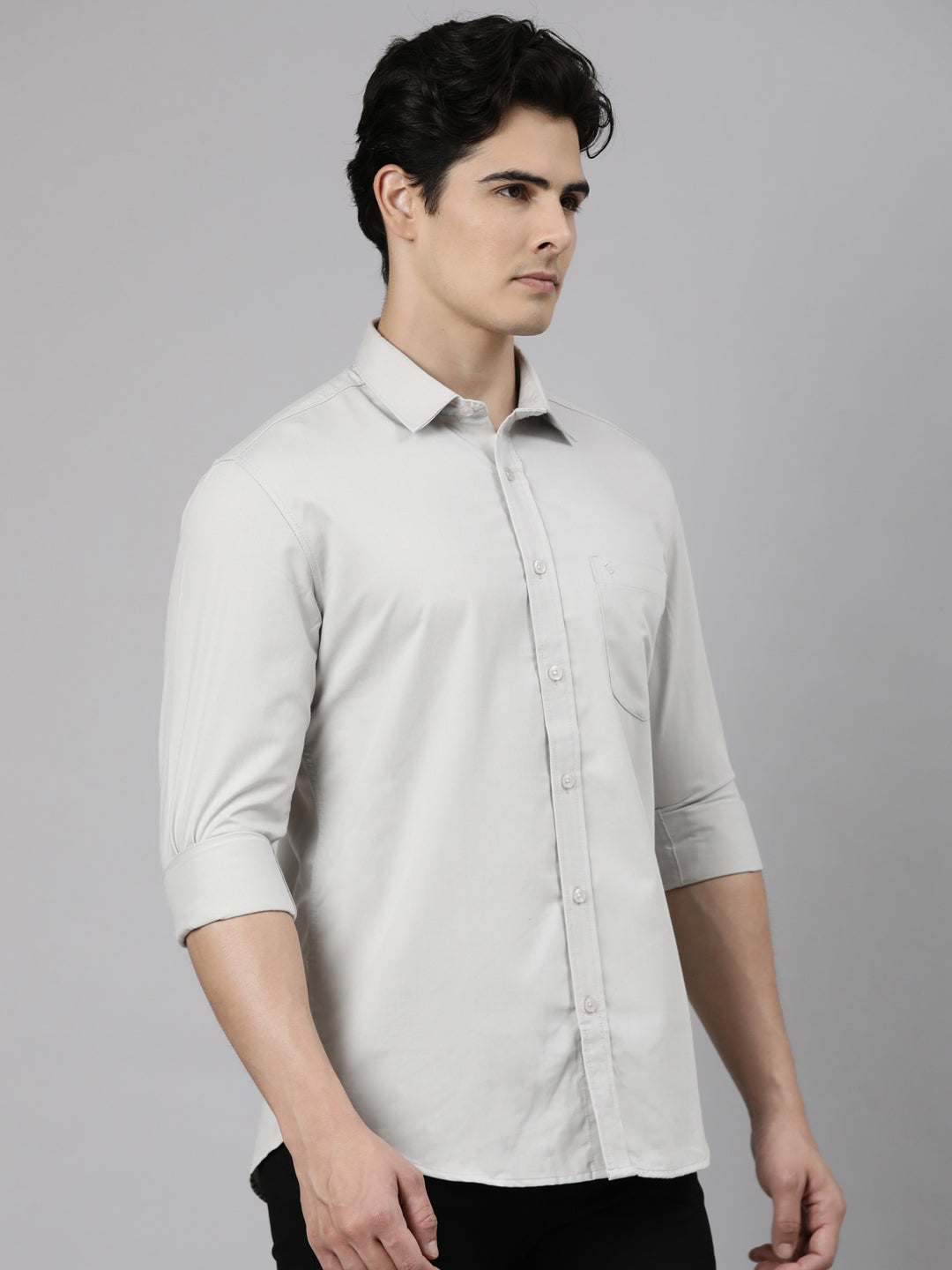 Classic Polo Men's Full Sleeve Light Grey Polo Neck Slim Fit Solid Cotton Casual Shirt | LSHR1-EL-15 C-FS-SLD-SF