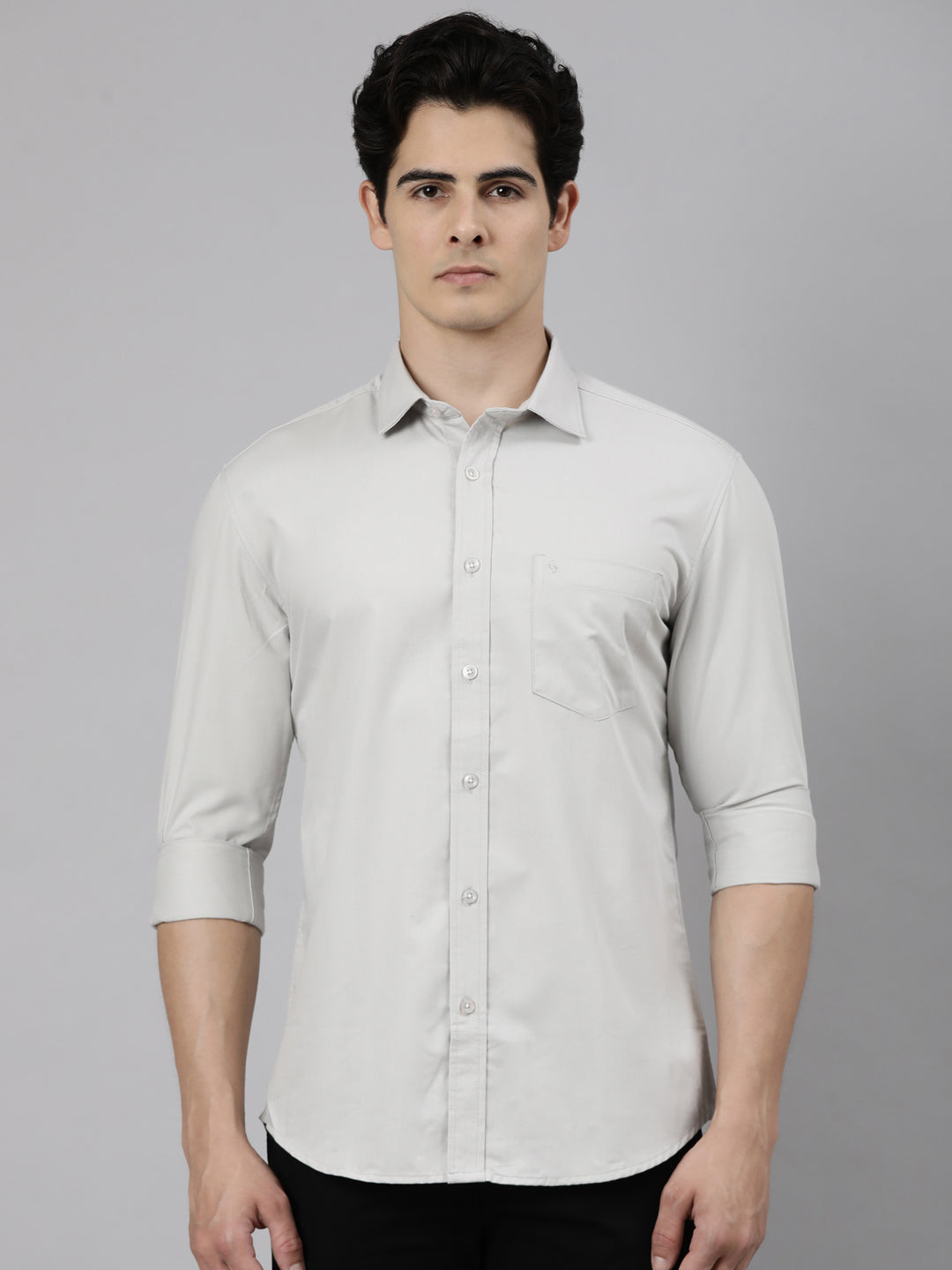 Classic Polo Men's Full Sleeve Light Grey Polo Neck Slim Fit Solid Cotton Casual Shirt | LSHR1-EL-15 C-FS-SLD-SF