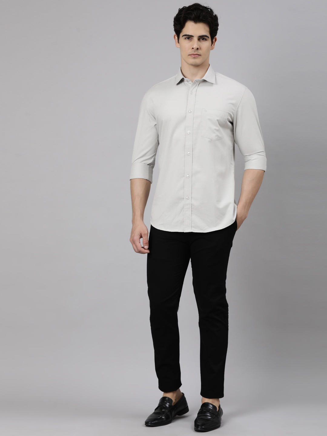 Classic Polo Men's Full Sleeve Light Grey Polo Neck Slim Fit Solid Cotton Casual Shirt | LSHR1-EL-15 C-FS-SLD-SF