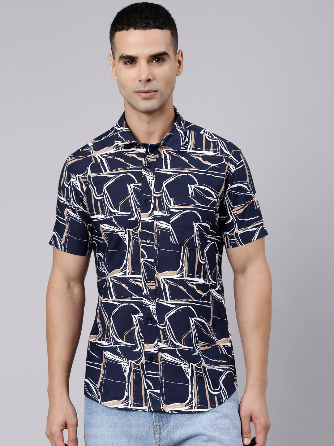 Classic Polo Men's Half Sleeve Navy Blue Polo Neck Slim Fit Printed Cotton Casual Shirt | LSHR1-GN-10 A-HS-PRT-SF