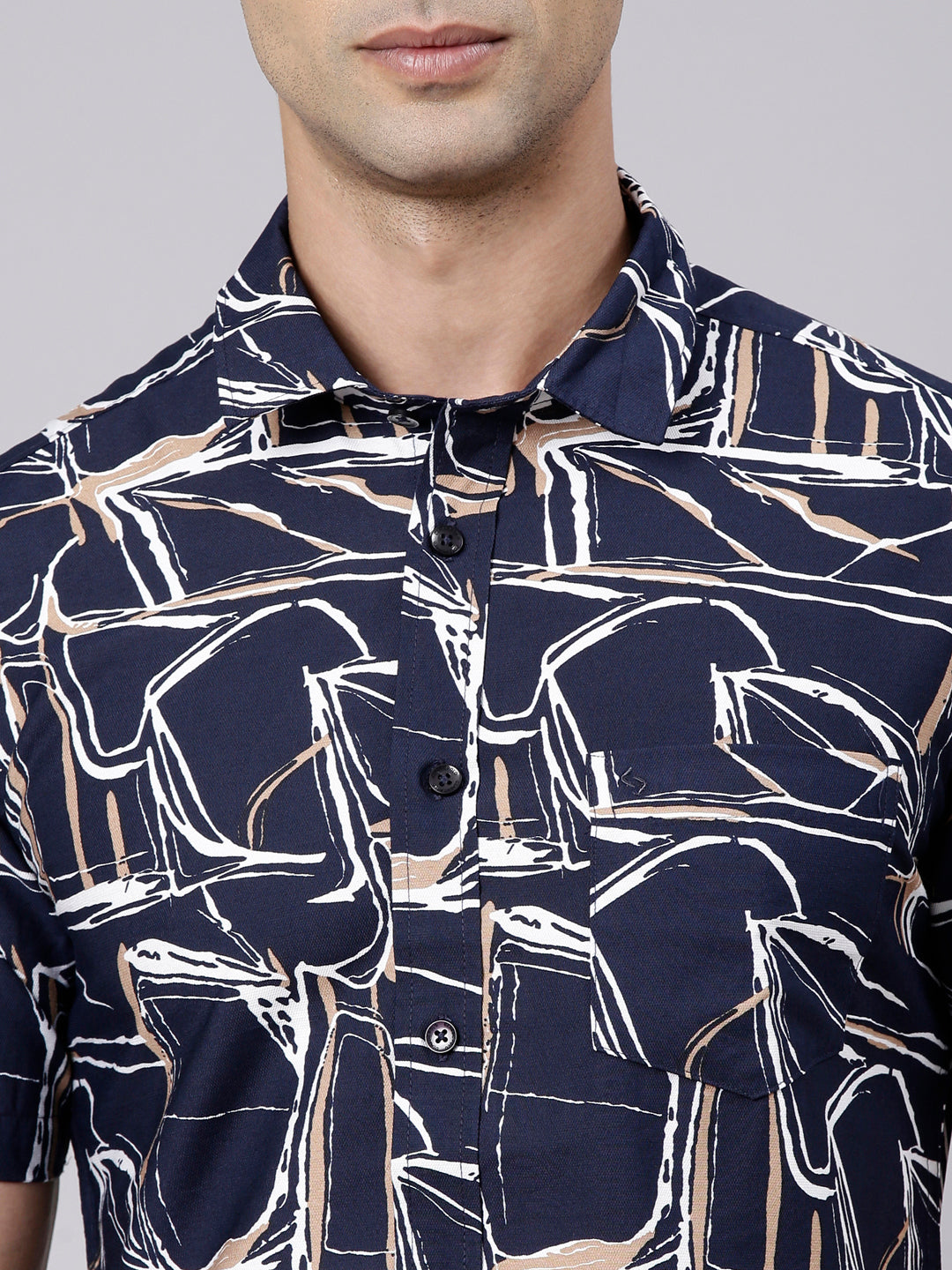 Classic Polo Men's Half Sleeve Navy Blue Polo Neck Slim Fit Printed Cotton Casual Shirt | LSHR1-GN-10 A-HS-PRT-SF