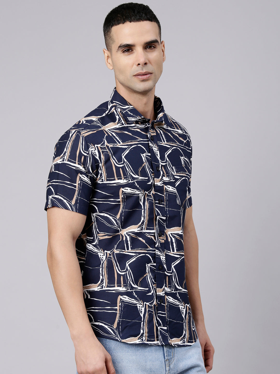 Classic Polo Men's Half Sleeve Navy Blue Polo Neck Slim Fit Printed Cotton Casual Shirt | LSHR1-GN-10 A-HS-PRT-SF