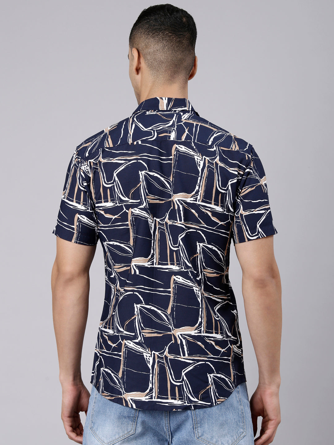 Classic Polo Men's Half Sleeve Navy Blue Polo Neck Slim Fit Printed Cotton Casual Shirt | LSHR1-GN-10 A-HS-PRT-SF
