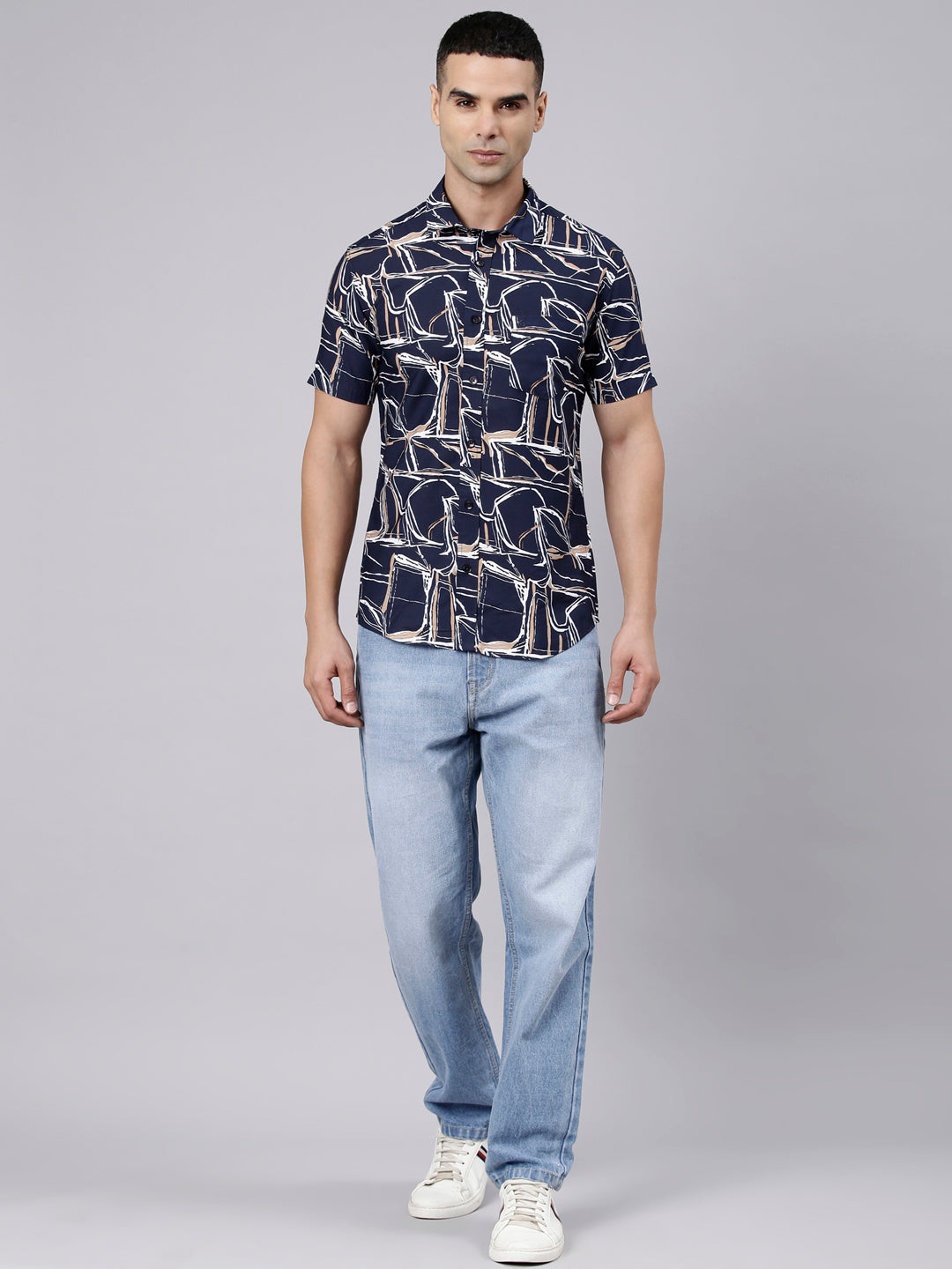Classic Polo Men's Half Sleeve Navy Blue Polo Neck Slim Fit Printed Cotton Casual Shirt | LSHR1-GN-10 A-HS-PRT-SF