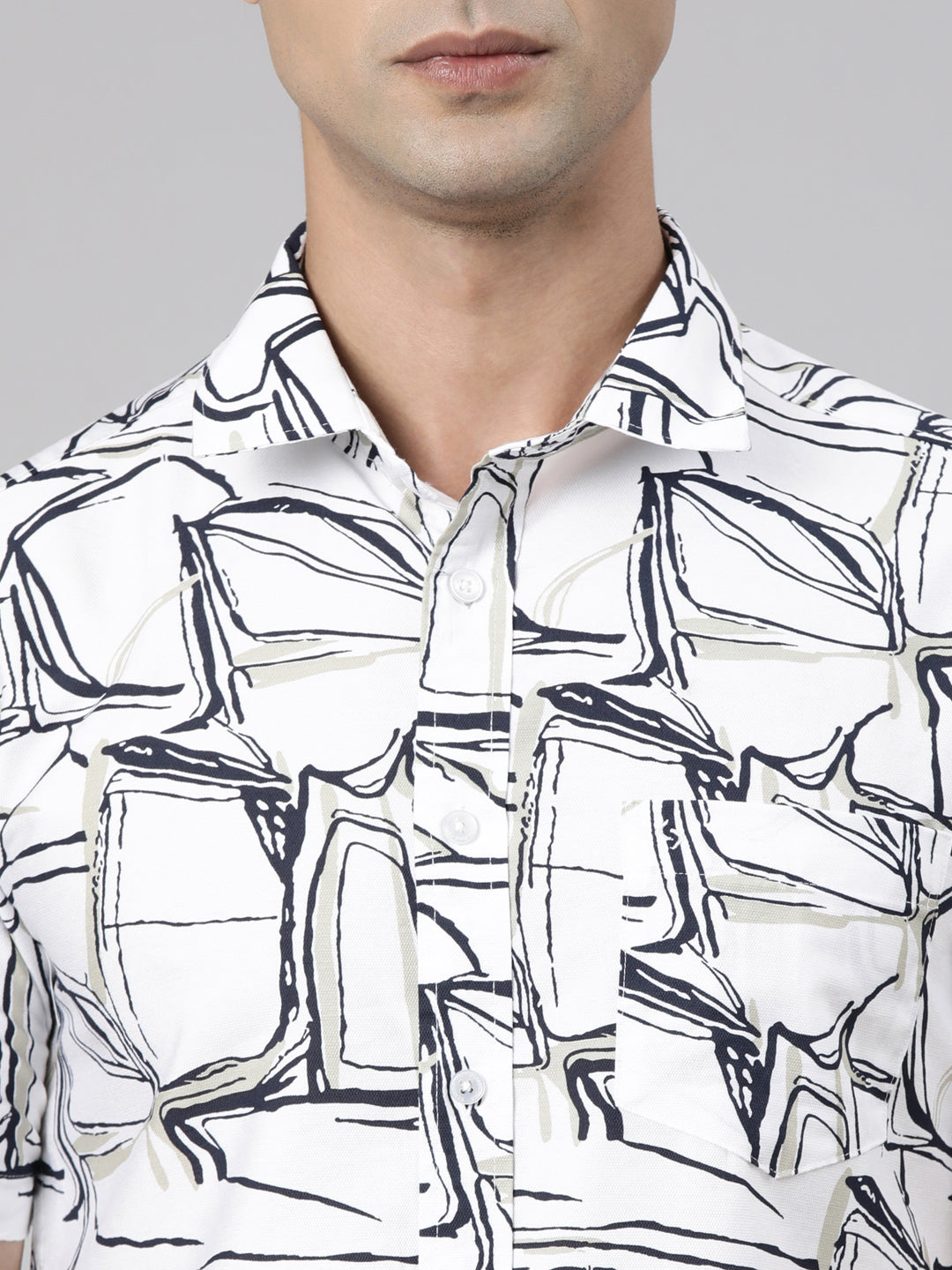 Classic Polo Men's Half Sleeve White Polo Neck Slim Fit Printed Cotton Casual Shirt | LSHR1-GN-10 B-HS-PRT-SF