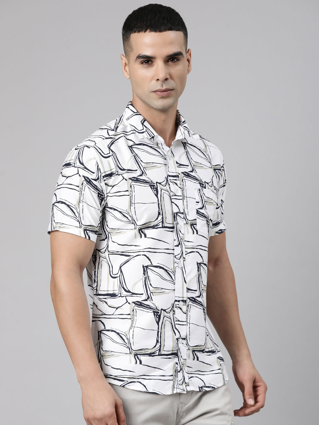 Classic Polo Men's Half Sleeve White Polo Neck Slim Fit Printed Cotton Casual Shirt | LSHR1-GN-10 B-HS-PRT-SF