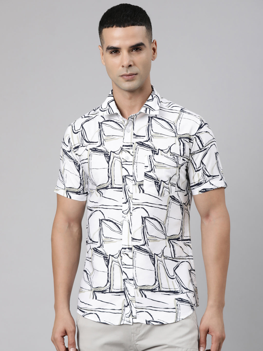 Classic Polo Men's Half Sleeve White Polo Neck Slim Fit Printed Cotton Casual Shirt | LSHR1-GN-10 B-HS-PRT-SF