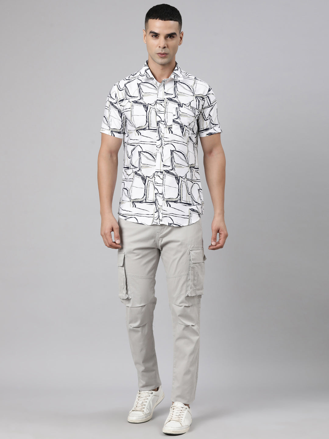 Classic Polo Men's Half Sleeve White Polo Neck Slim Fit Printed Cotton Casual Shirt | LSHR1-GN-10 B-HS-PRT-SF