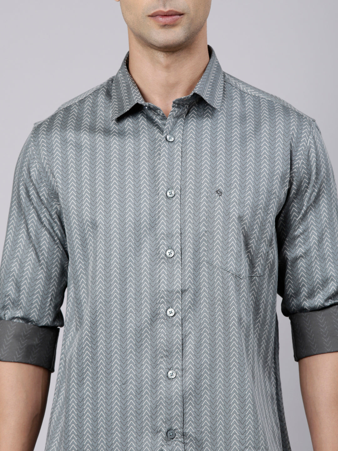 Classic Polo Men's Full Sleeve Charcoal Grey Polo Neck Slim Fit Printed Cotton Casual Shirt | LSHS1-EL-02 A-FS-PRT-SF