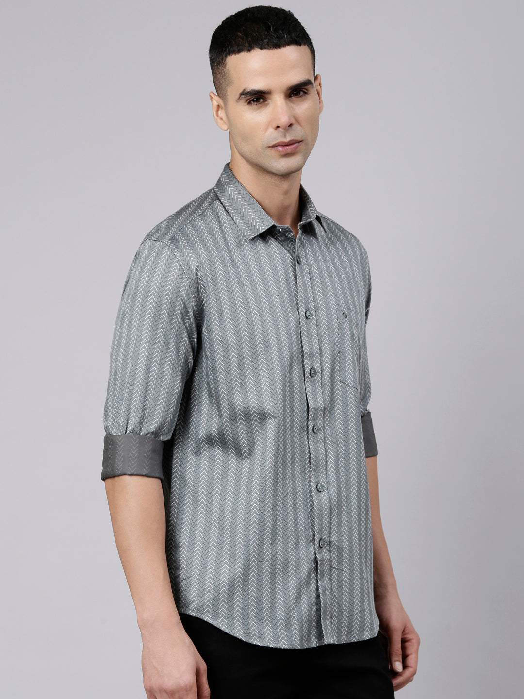 Classic Polo Men's Full Sleeve Charcoal Grey Polo Neck Slim Fit Printed Cotton Casual Shirt | LSHS1-EL-02 A-FS-PRT-SF