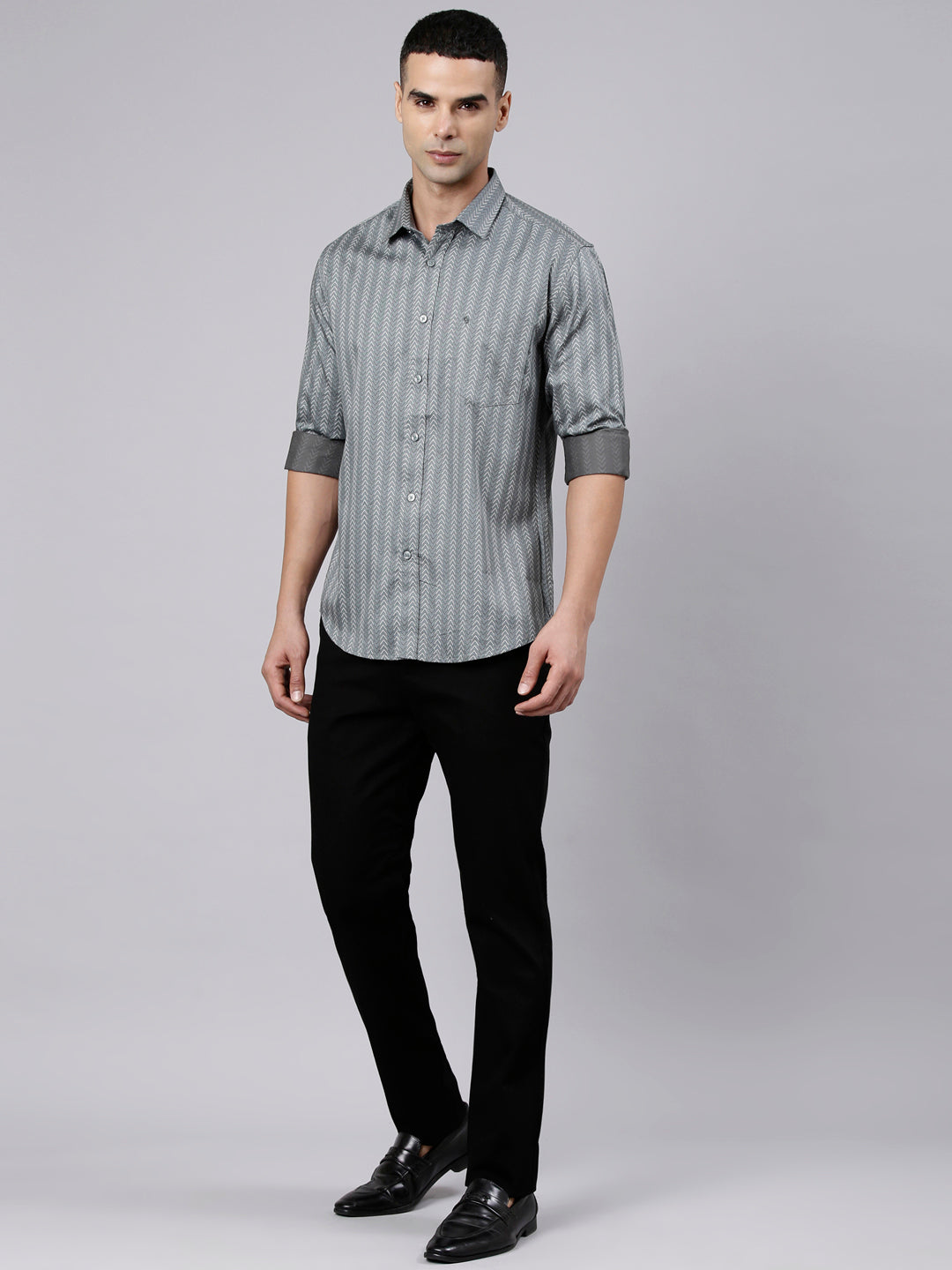 Classic Polo Men's Full Sleeve Charcoal Grey Polo Neck Slim Fit Printed Cotton Casual Shirt | LSHS1-EL-02 A-FS-PRT-SF
