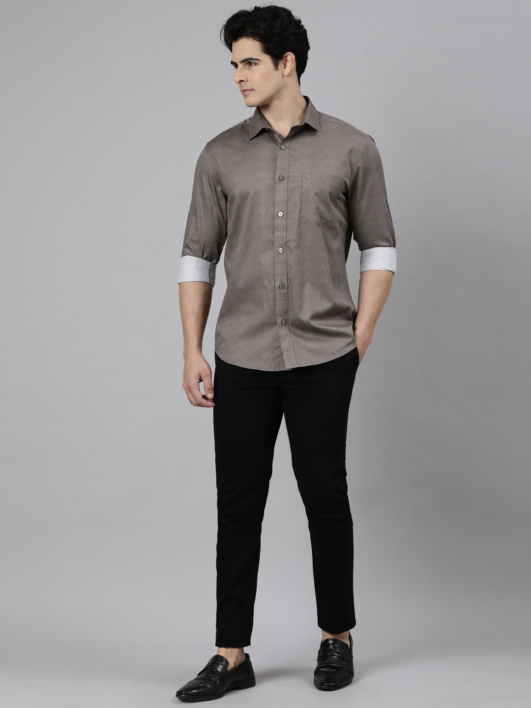 Classic Polo Men's Full Sleeve Taupe Polo Neck Slim Fit Solid Cotton Casual Shirt | LSHS1-EL-04 A-FS-SLD-SF
