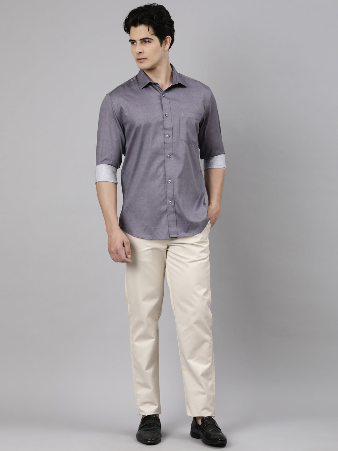 Classic Polo Men's Full Sleeve Purple Polo Neck Slim Fit Solid Cotton Casual Shirt | LSHS1-EL-04 B-FS-SLD-SF