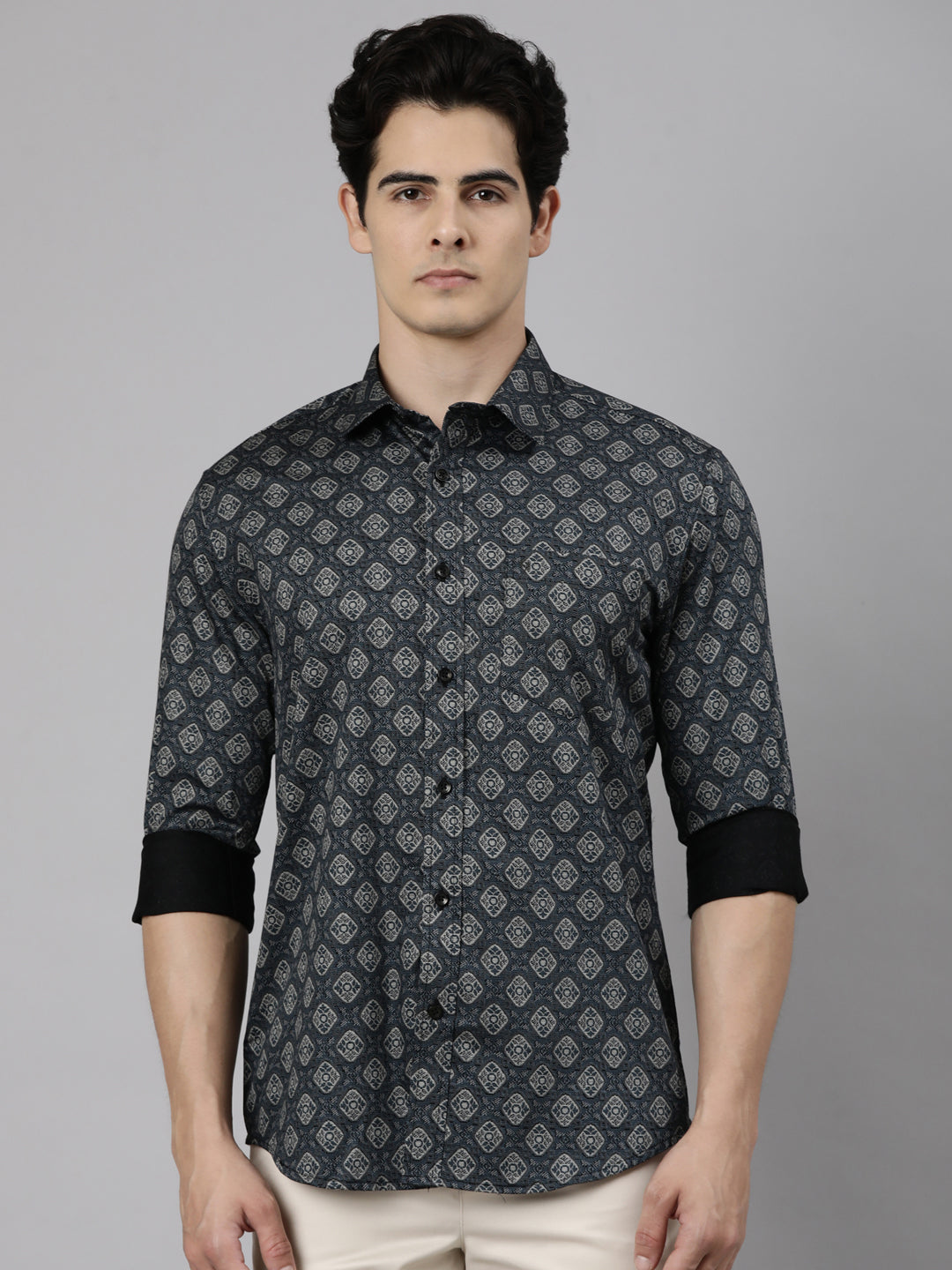Classic Polo Men's Full Sleeve Charcoal Black Polo Neck Slim Fit Printed Cotton Casual Shirt | LSHS1-EL-08 A-FS-PRT-SF