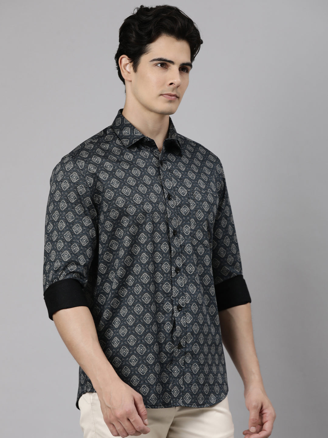 Classic Polo Men's Full Sleeve Charcoal Black Polo Neck Slim Fit Printed Cotton Casual Shirt | LSHS1-EL-08 A-FS-PRT-SF