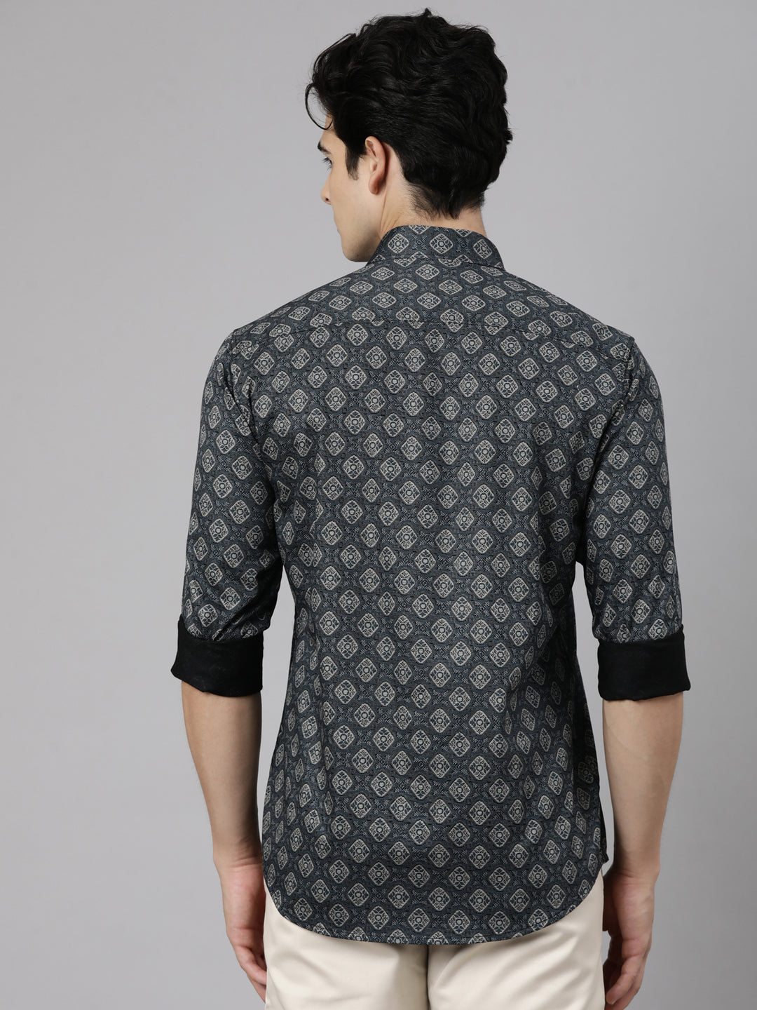 Classic Polo Men's Full Sleeve Charcoal Black Polo Neck Slim Fit Printed Cotton Casual Shirt | LSHS1-EL-08 A-FS-PRT-SF