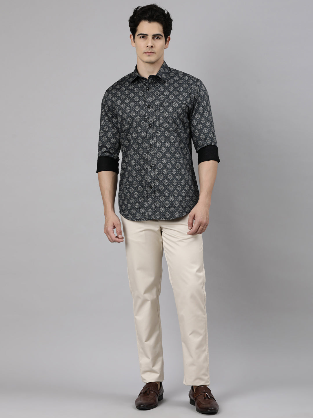 Classic Polo Men's Full Sleeve Charcoal Black Polo Neck Slim Fit Printed Cotton Casual Shirt | LSHS1-EL-08 A-FS-PRT-SF