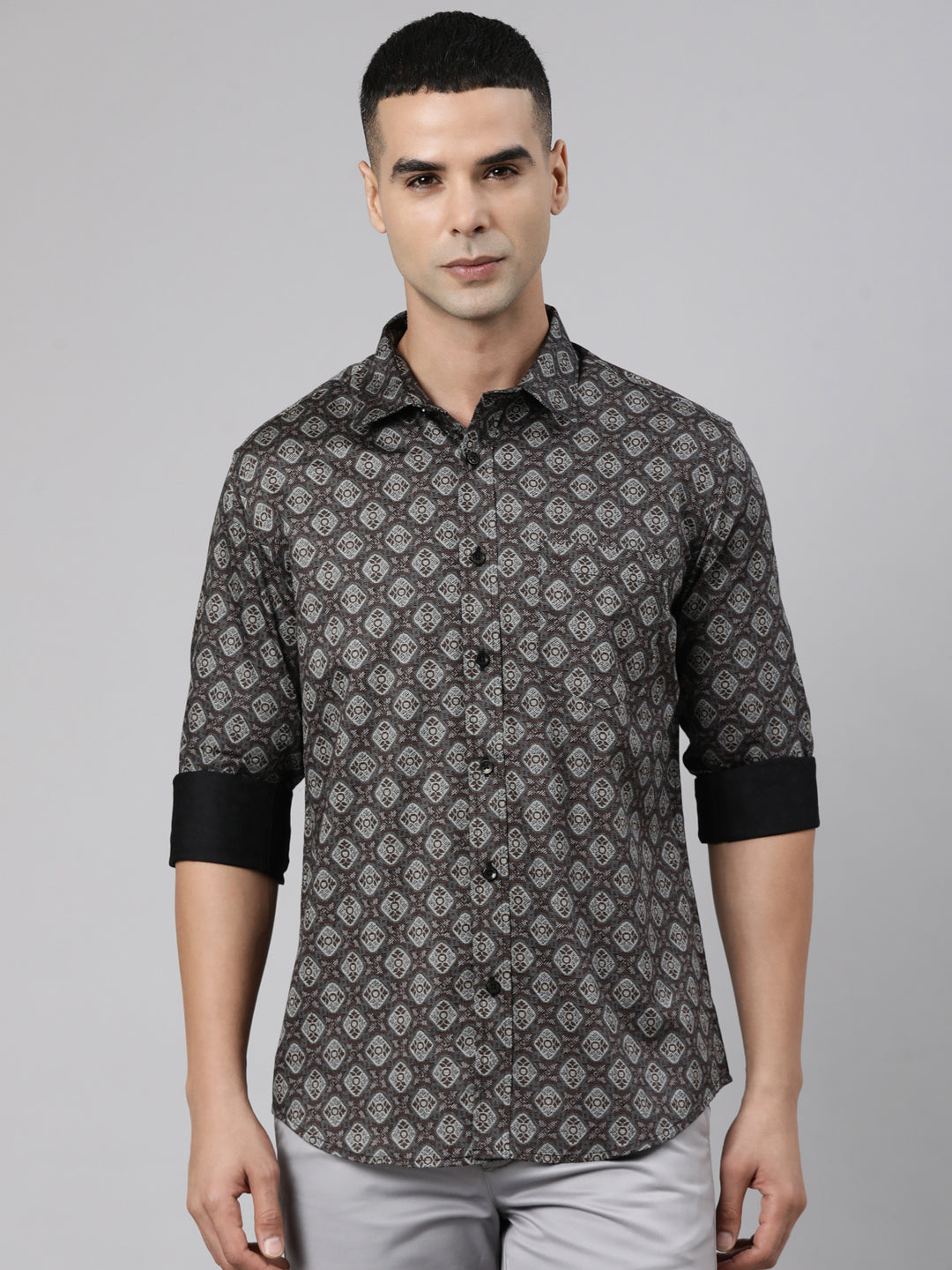 Classic Polo Men's Full Sleeve Multicolor Polo Neck Slim Fit Printed Cotton Casual Shirt | LSHS1-EL-08 B-FS-PRT-SF