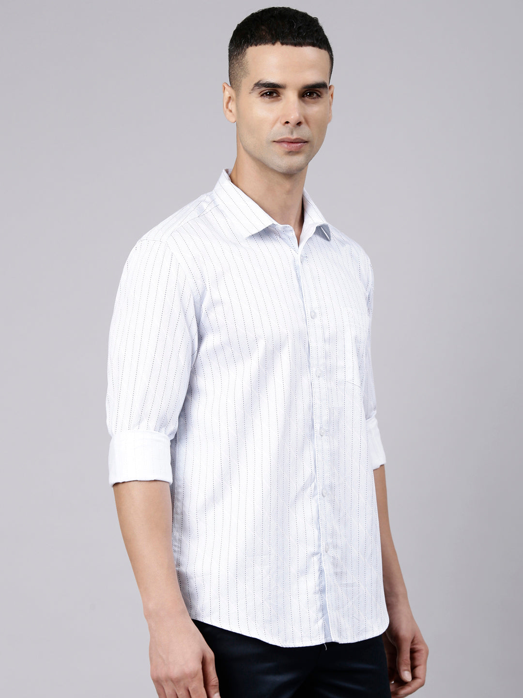 Classic Polo Men's Full Sleeve White Polo Neck Slim Fit Printed Cotton Casual Shirt | LSHS1-EL-21 A-FS-PRT-SF