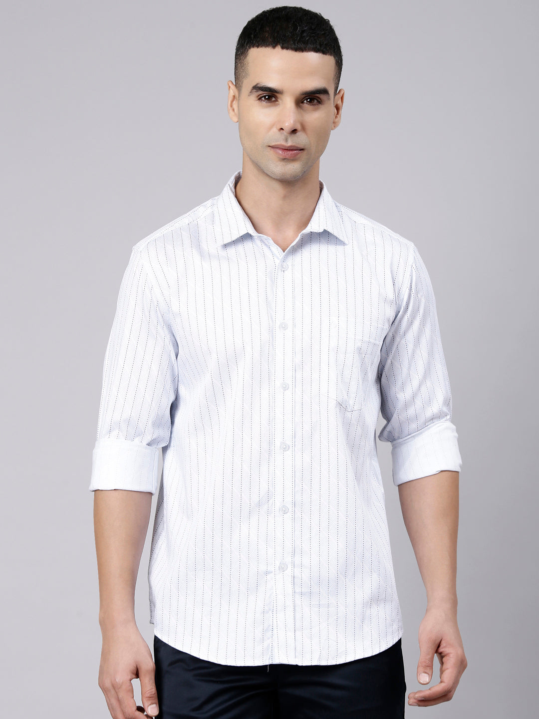 Classic Polo Men's Full Sleeve White Polo Neck Slim Fit Printed Cotton Casual Shirt | LSHS1-EL-21 A-FS-PRT-SF