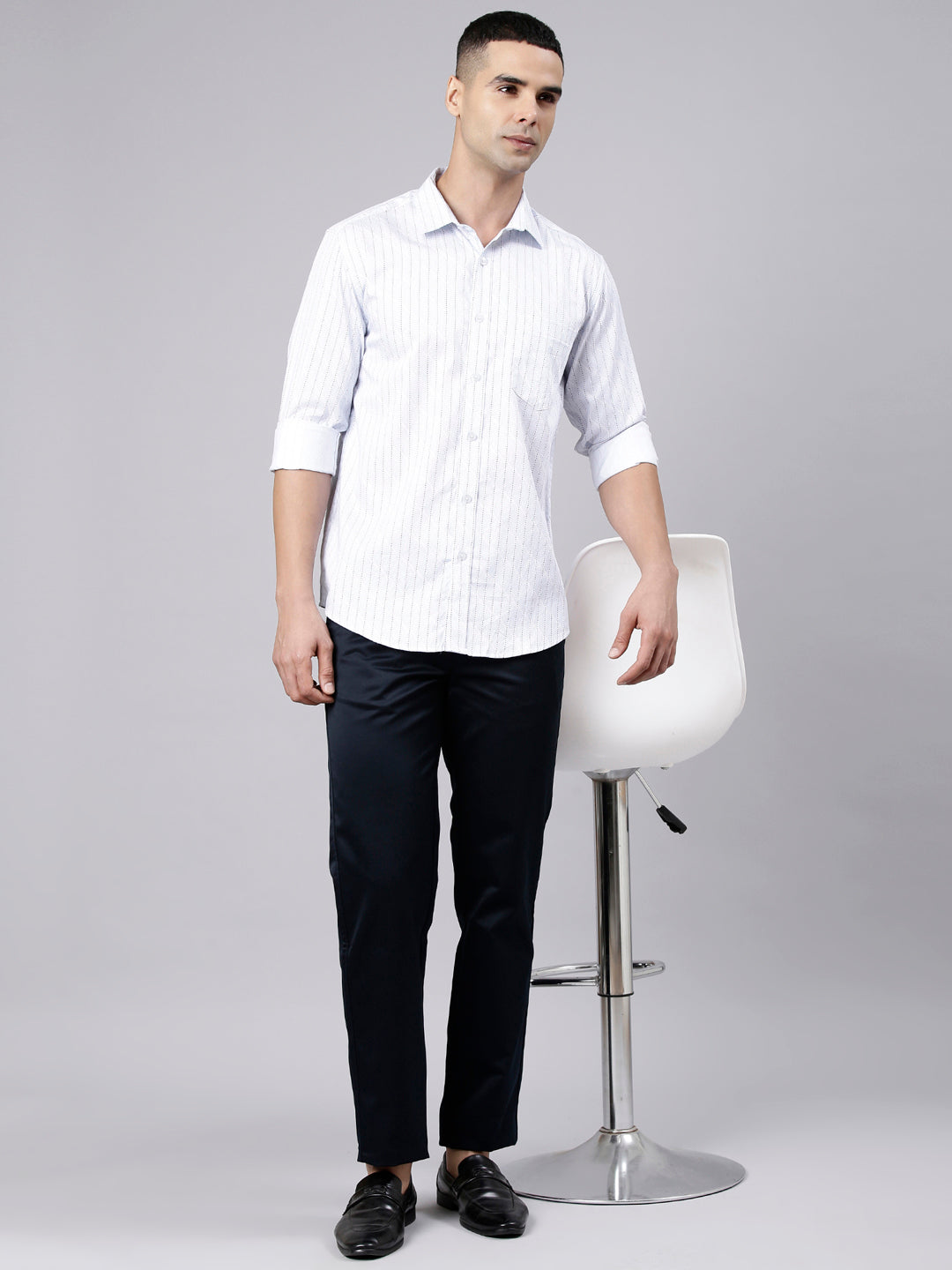 Classic Polo Men's Full Sleeve White Polo Neck Slim Fit Printed Cotton Casual Shirt | LSHS1-EL-21 A-FS-PRT-SF