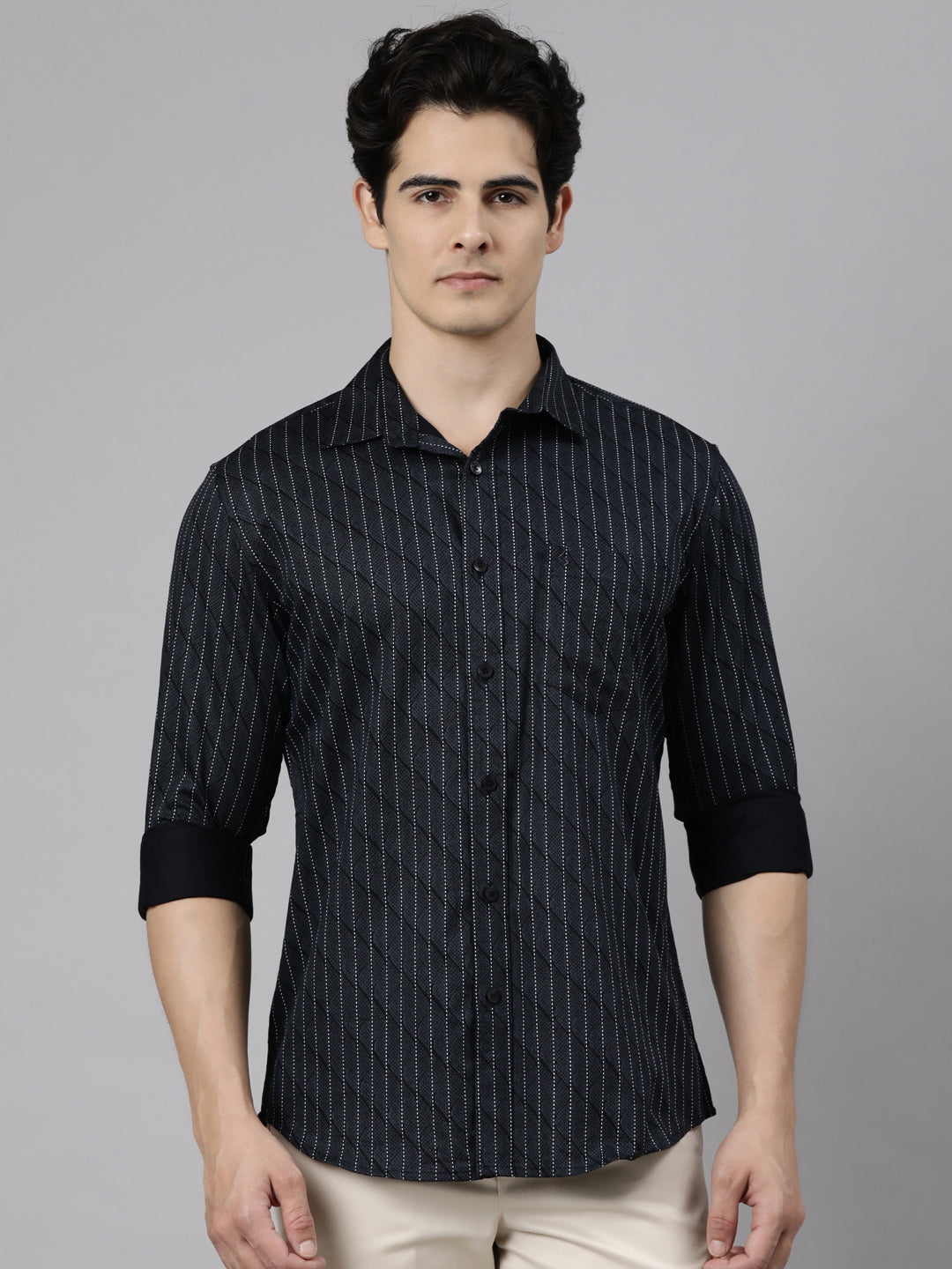 Classic Polo Men's Full Sleeve Black Polo Neck Slim Fit Printed Cotton Casual Shirt | LSHS1-EL-21 B-FS-PRT-SF