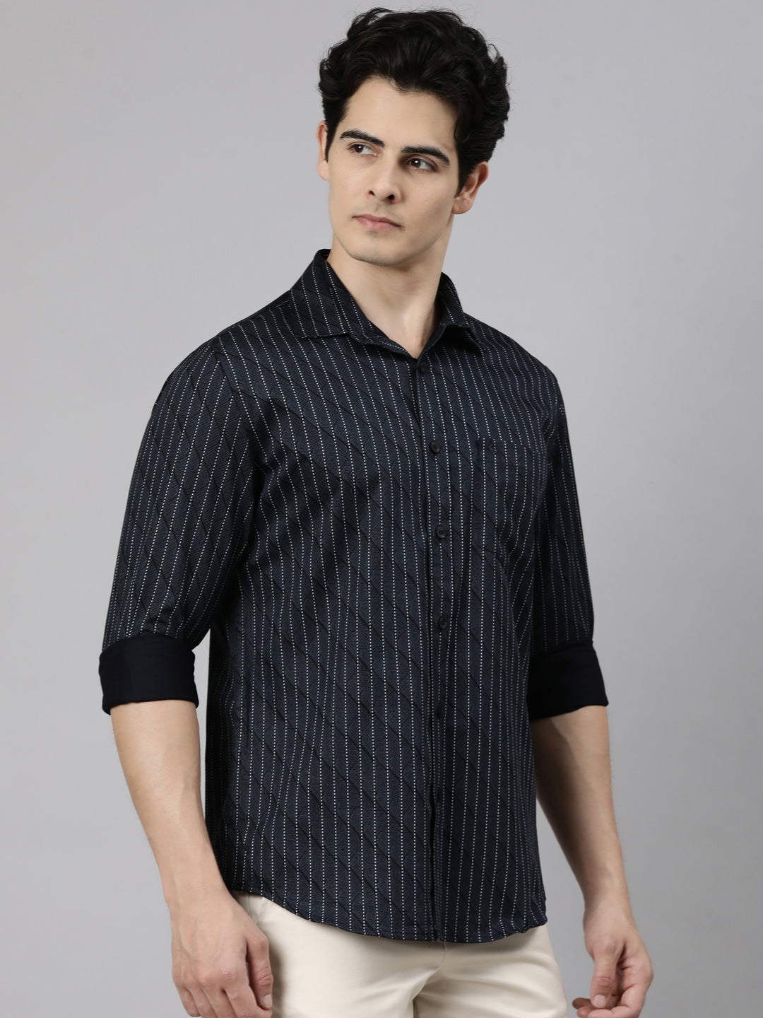 Classic Polo Men's Full Sleeve Black Polo Neck Slim Fit Printed Cotton Casual Shirt | LSHS1-EL-21 B-FS-PRT-SF