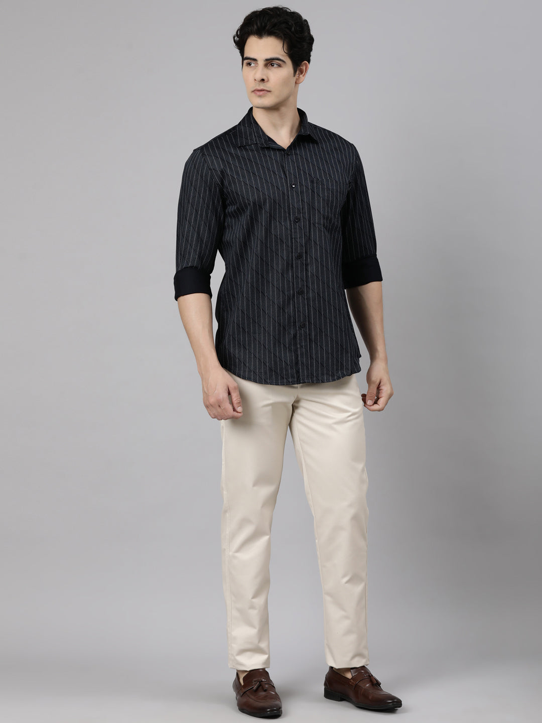 Classic Polo Men's Full Sleeve Black Polo Neck Slim Fit Printed Cotton Casual Shirt | LSHS1-EL-21 B-FS-PRT-SF