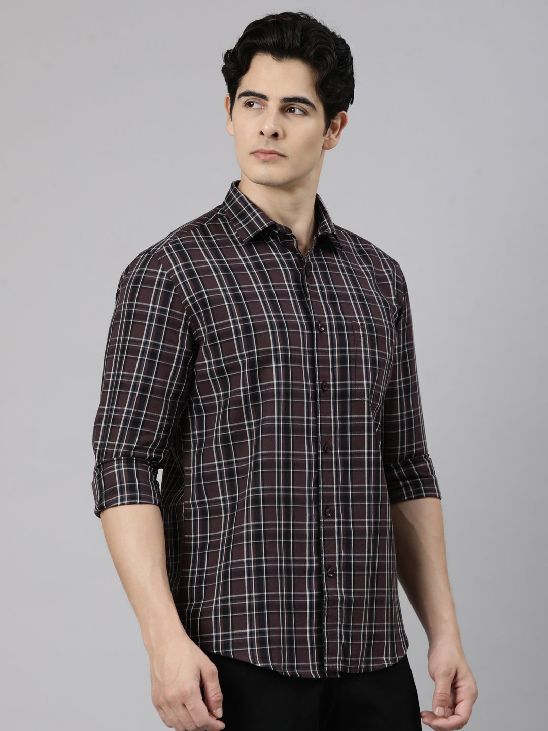 Classic Polo Men's Full Sleeve Brown Polo Neck Slim Fit Checked Cotton Casual Shirt | SR1-CL-01 A-FS-CHK-SF