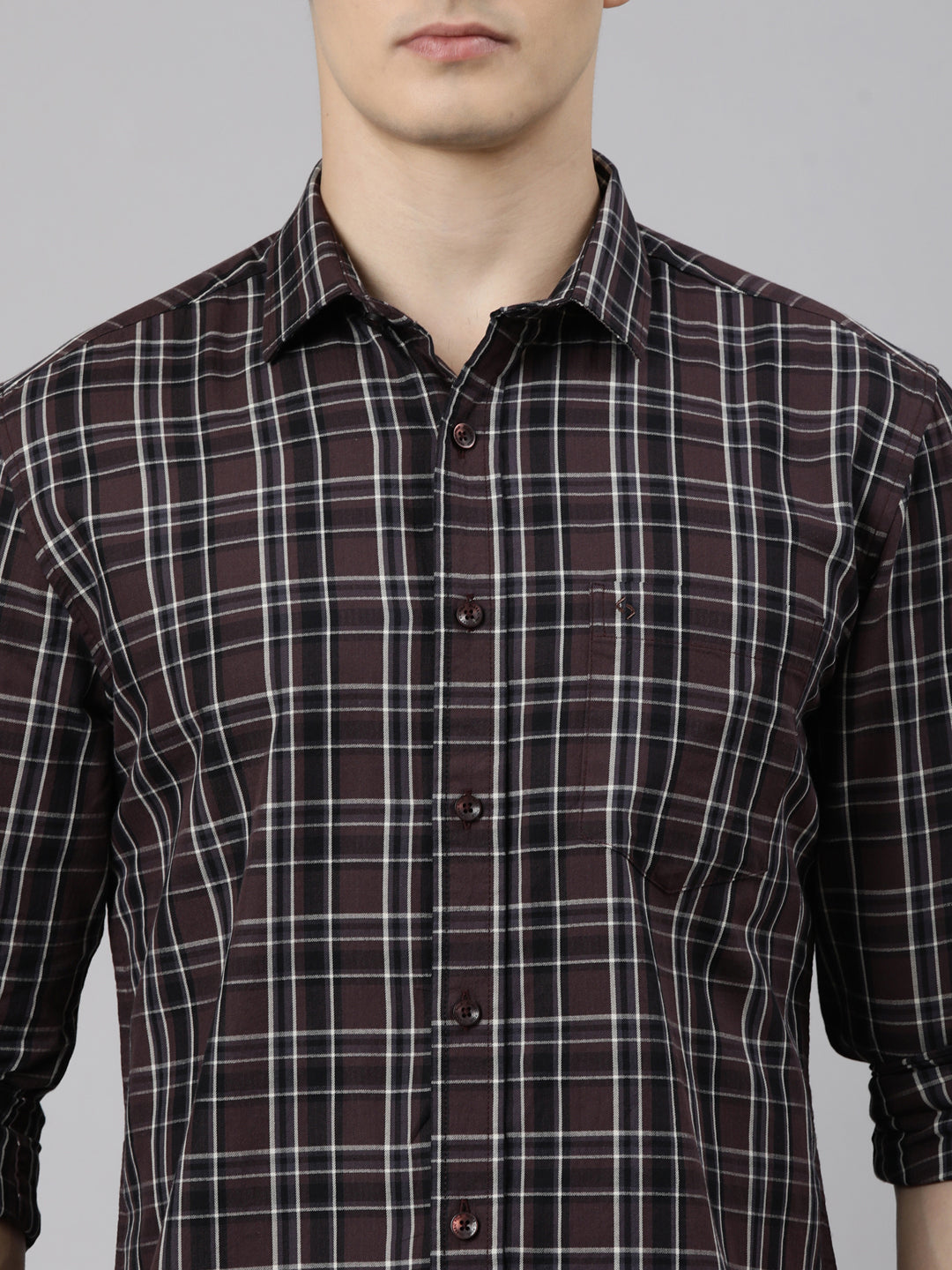 Classic Polo Men's Full Sleeve Brown Polo Neck Slim Fit Checked Cotton Casual Shirt | SR1-CL-01 A-FS-CHK-SF
