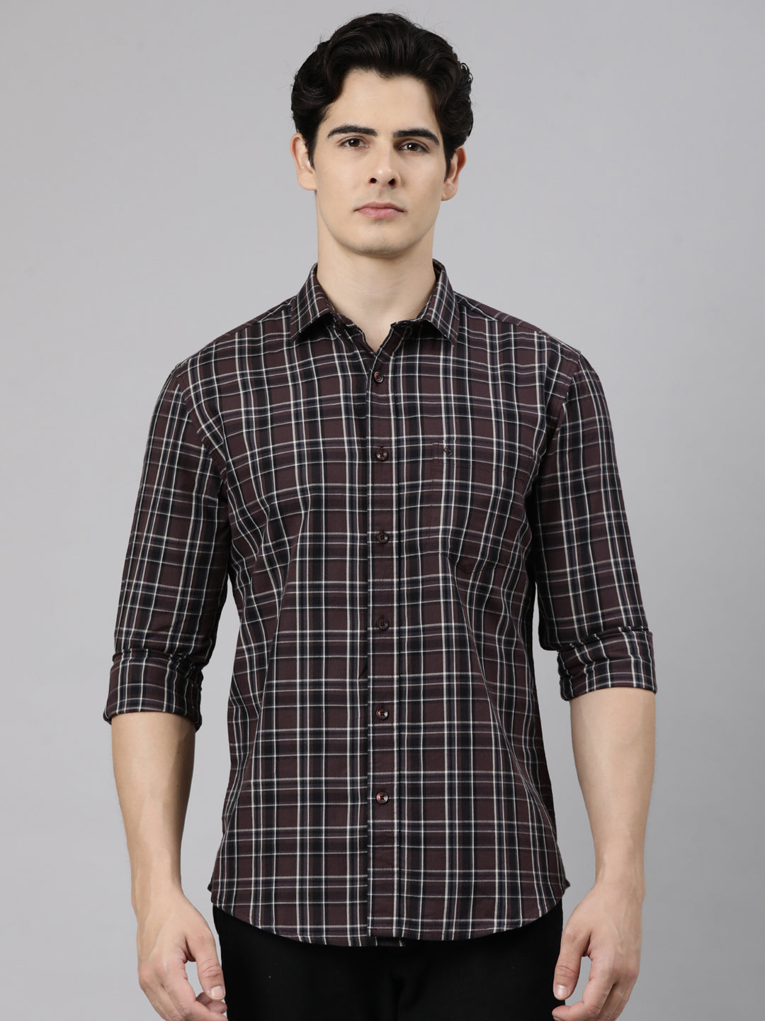 Classic Polo Men's Full Sleeve Brown Polo Neck Slim Fit Checked Cotton Casual Shirt | SR1-CL-01 A-FS-CHK-SF