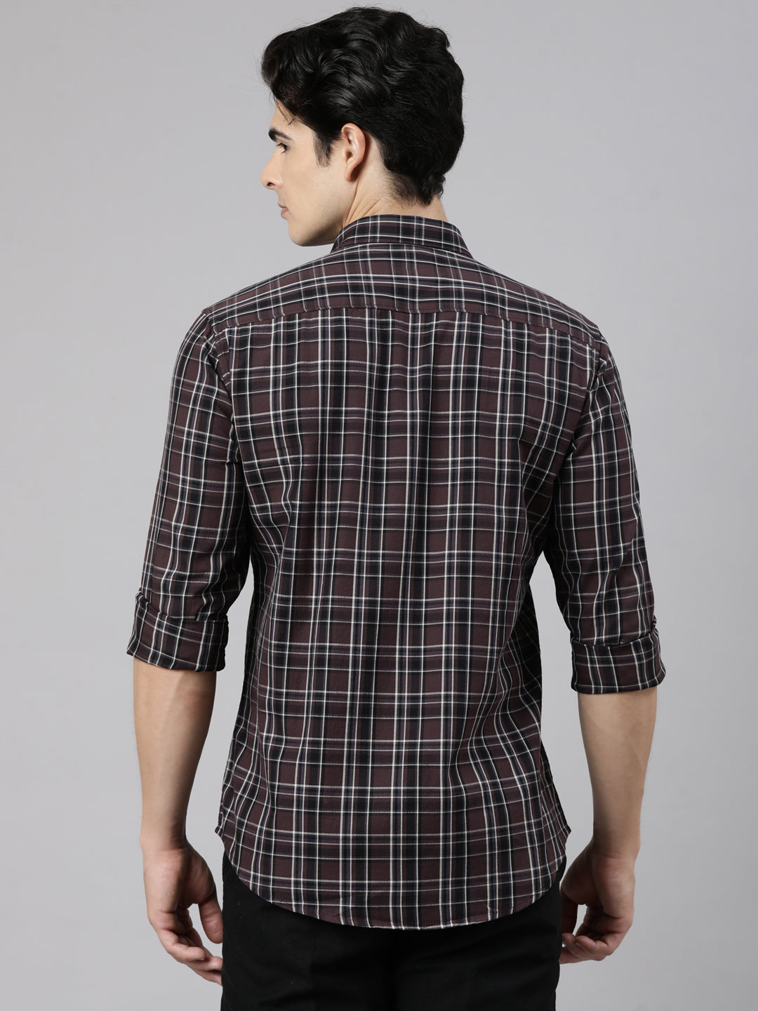 Classic Polo Men's Full Sleeve Brown Polo Neck Slim Fit Checked Cotton Casual Shirt | SR1-CL-01 A-FS-CHK-SF