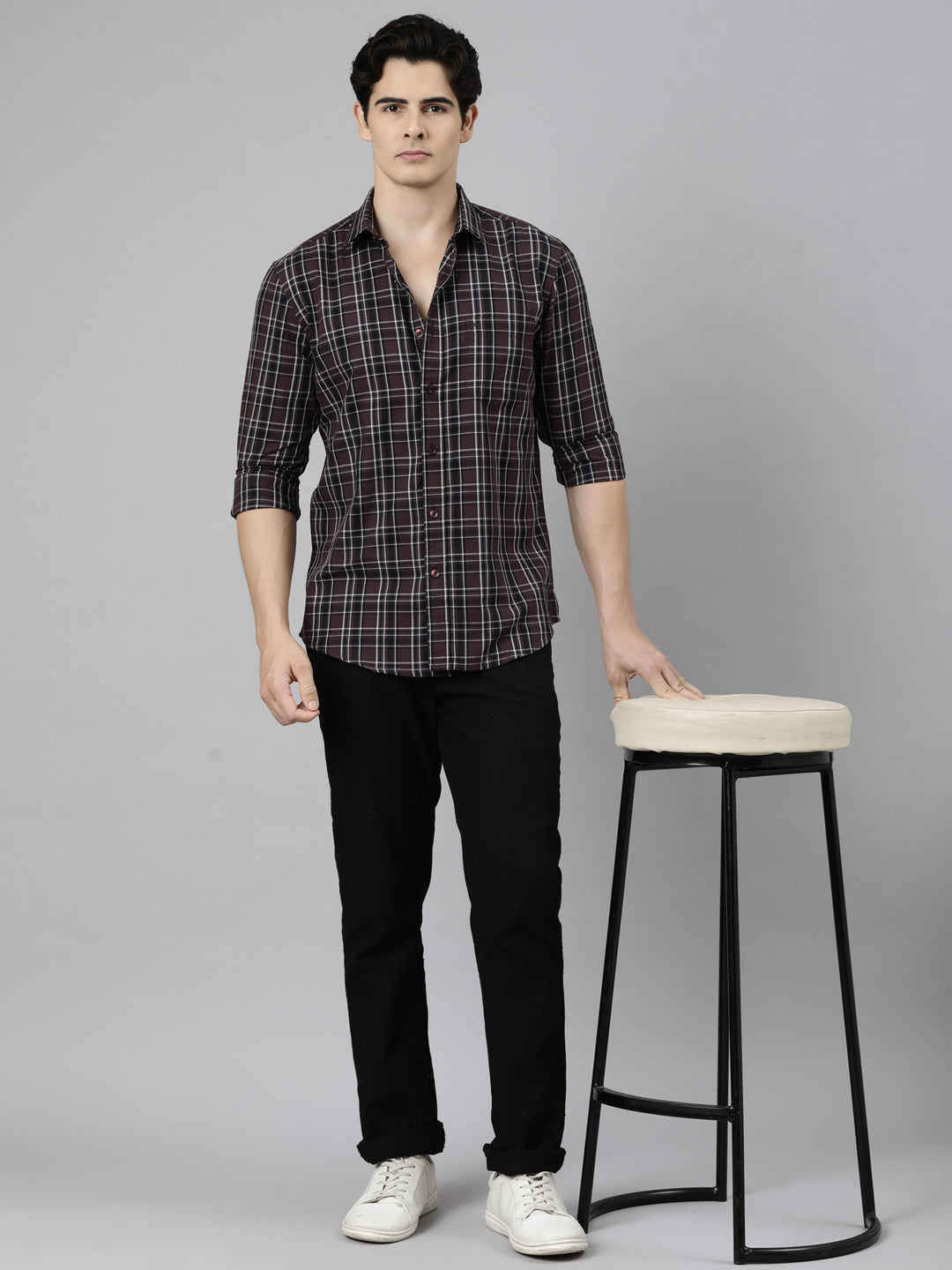 Classic Polo Men's Full Sleeve Brown Polo Neck Slim Fit Checked Cotton Casual Shirt | SR1-CL-01 A-FS-CHK-SF