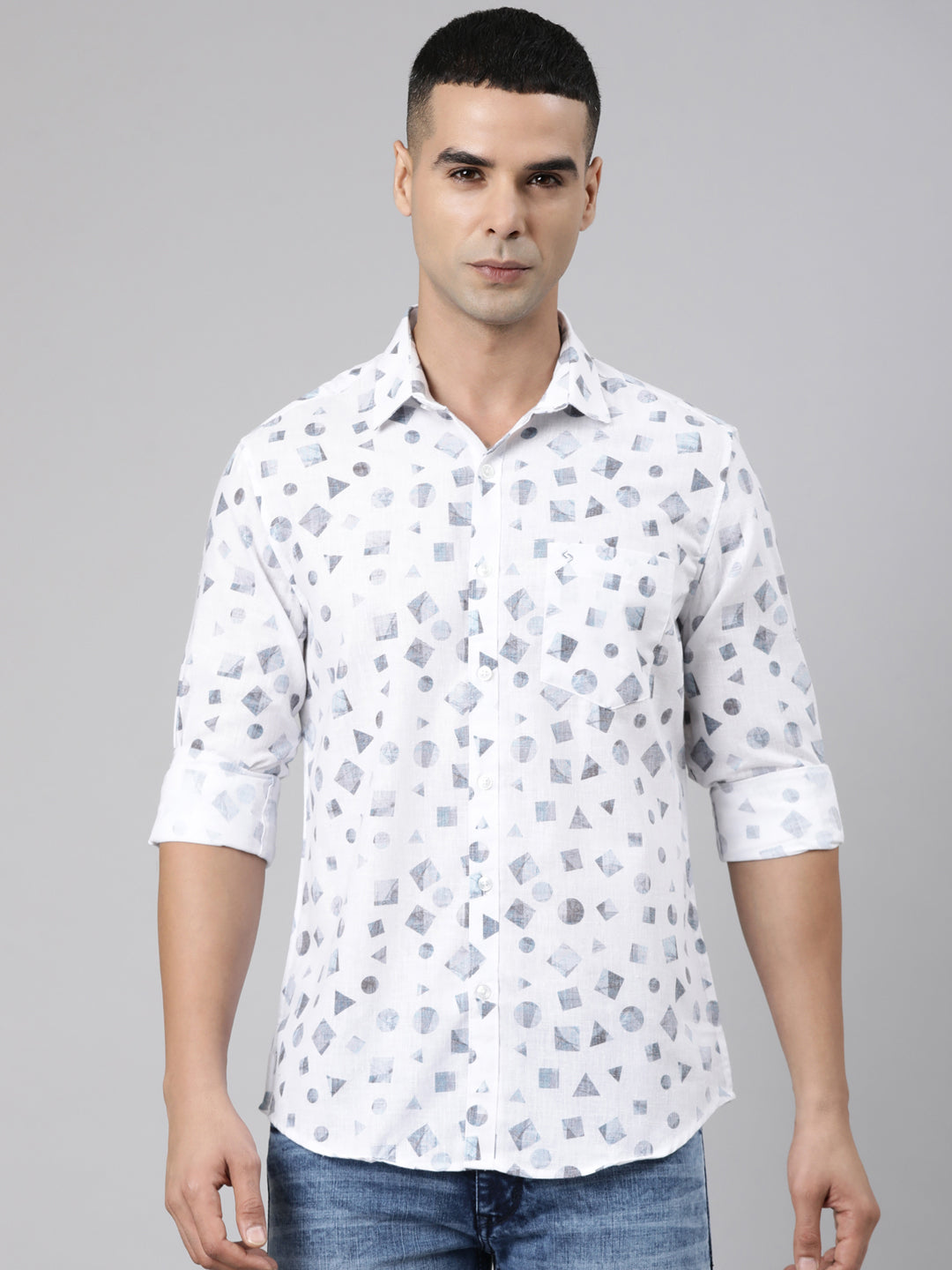 Classic Polo Men's Full Sleeve White Polo Neck Slim Fit Printed Cotton Casual Shirt | SR1-CL-22 B-FS-PRT-SF