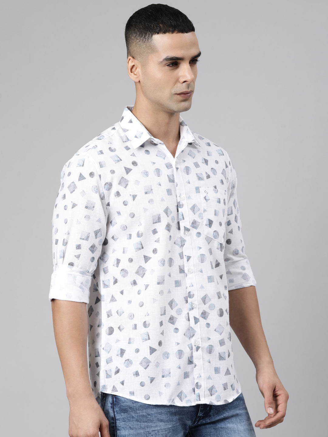 Classic Polo Men's Full Sleeve White Polo Neck Slim Fit Printed Cotton Casual Shirt | SR1-CL-22 B-FS-PRT-SF