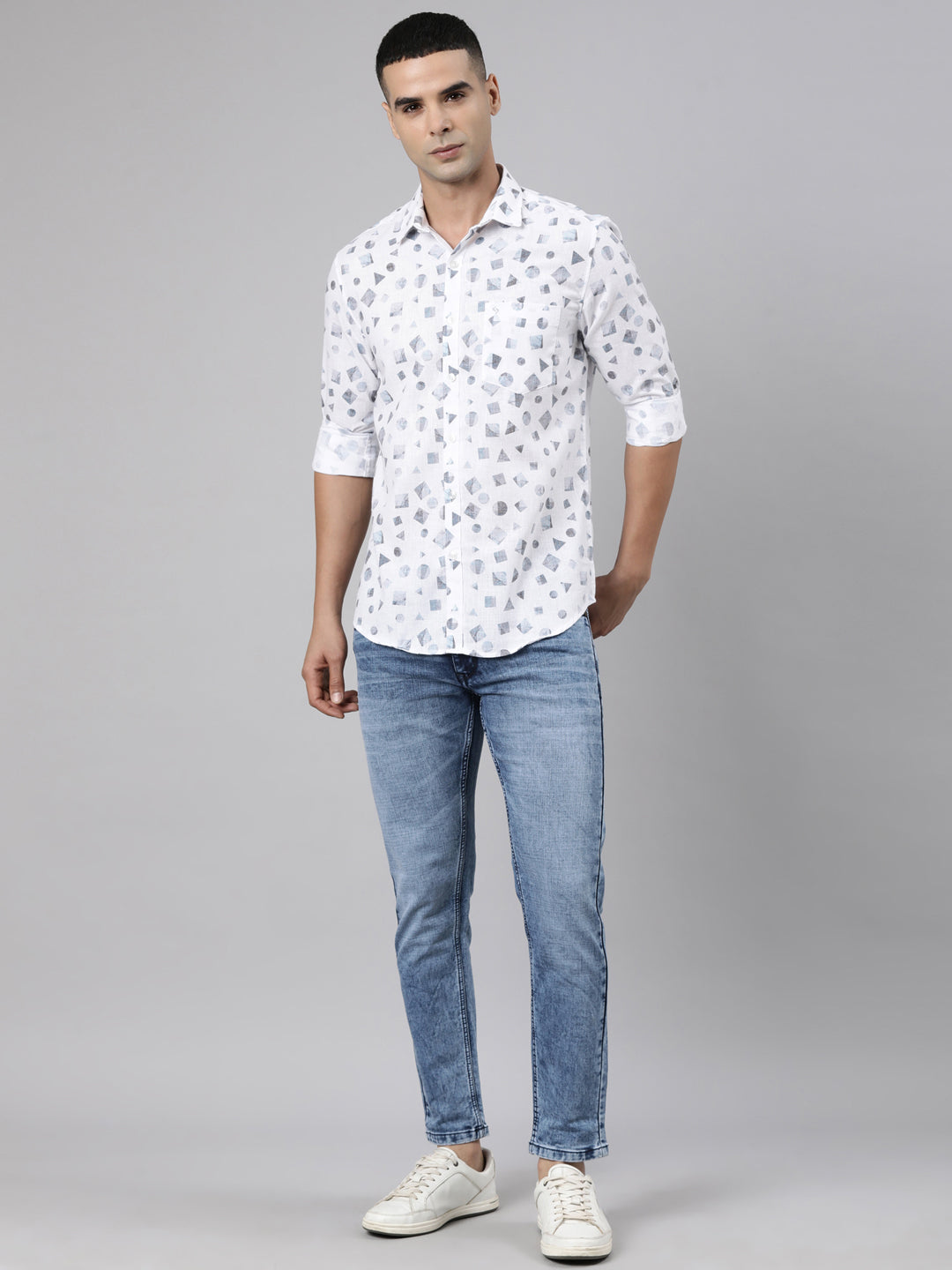 Classic Polo Men's Full Sleeve White Polo Neck Slim Fit Printed Cotton Casual Shirt | SR1-CL-22 B-FS-PRT-SF