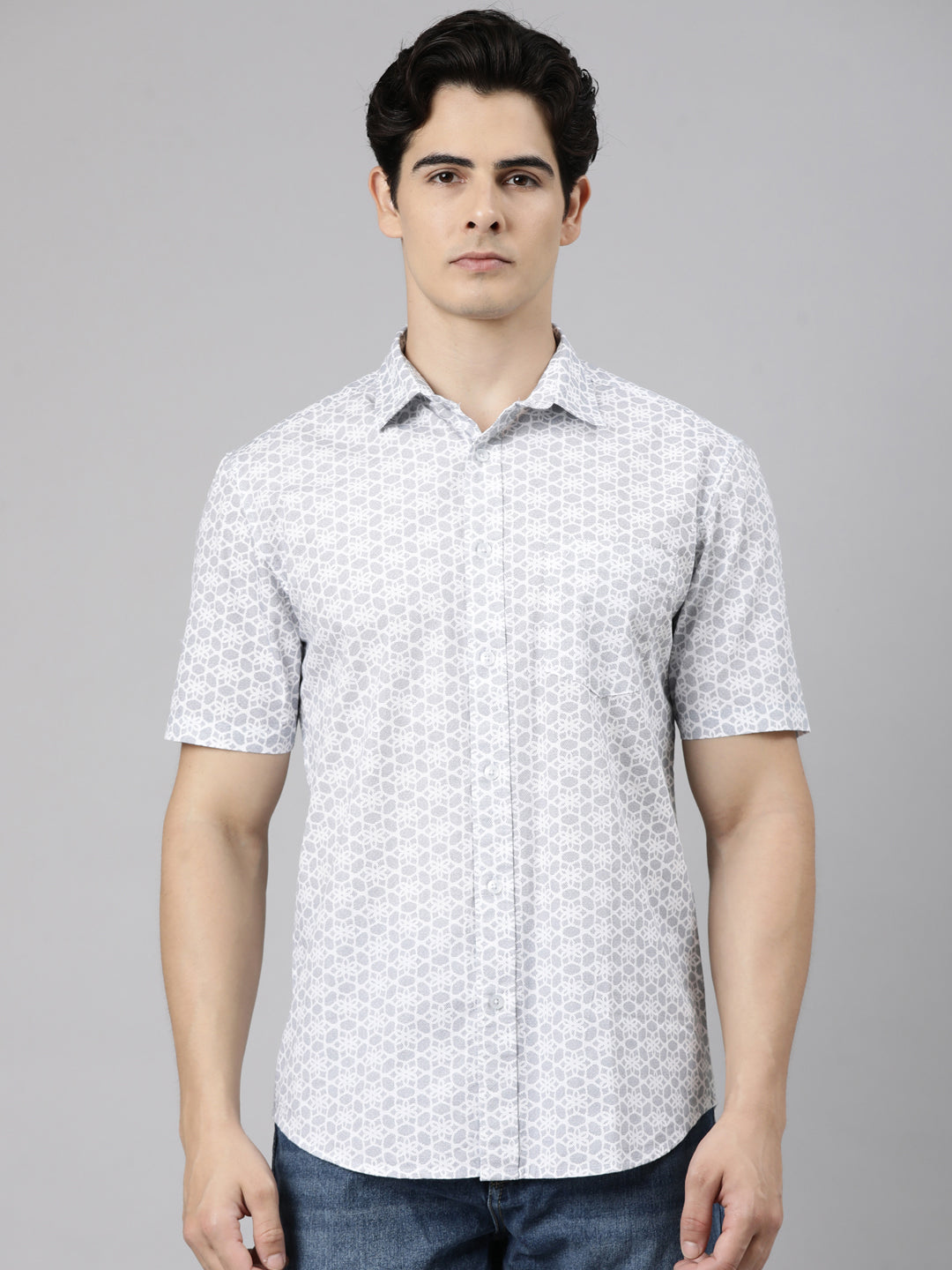 Classic Polo Men's Half Sleeve Light Grey Polo Neck Slim Fit Printed Cotton Casual Shirt | SR1-CL-26 B-HS-PRT-SF