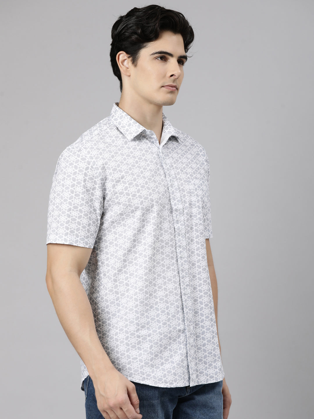 Classic Polo Men's Half Sleeve Light Grey Polo Neck Slim Fit Printed Cotton Casual Shirt | SR1-CL-26 B-HS-PRT-SF